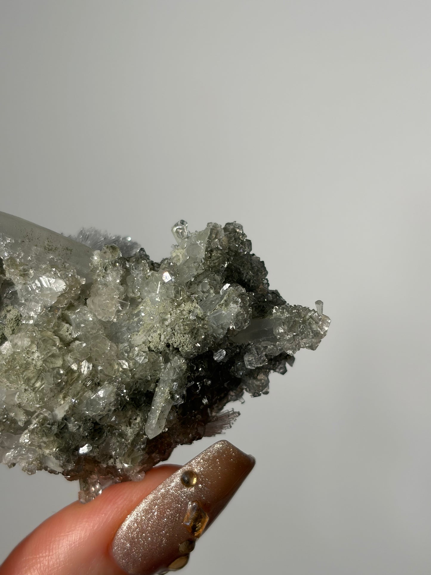 Bowtie Natrolite Specimen with Quartz and Apophyllite Coated Rhombohedral Calcite K
