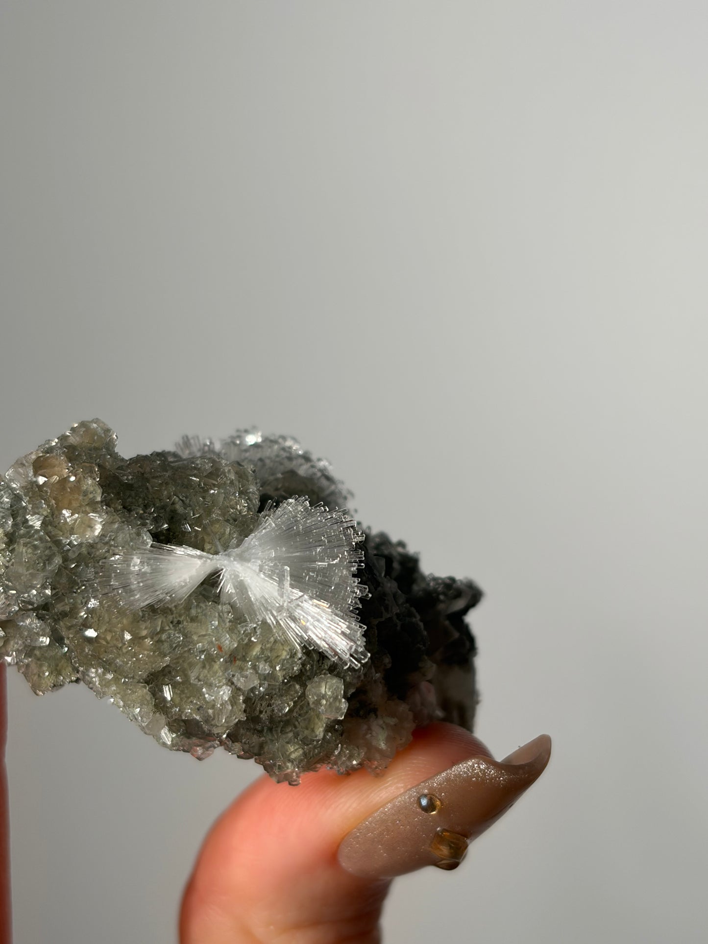 Bowtie Natrolite Specimen with Quartz and Apophyllite Coated Rhombohedral Calcite K