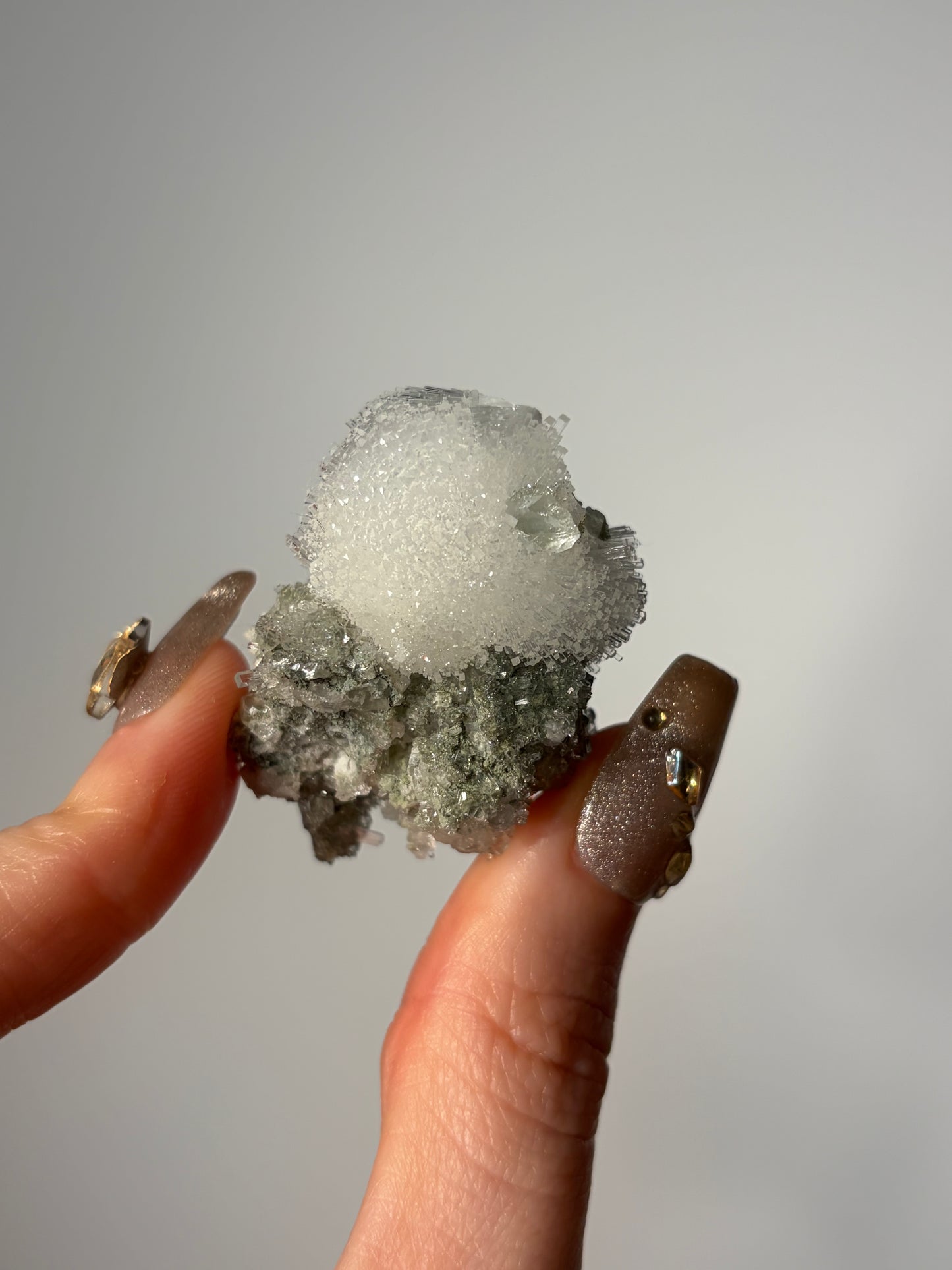 Natrolite Specimen with Apophyllite Coated Quartz and Rhombohedral Calcite L