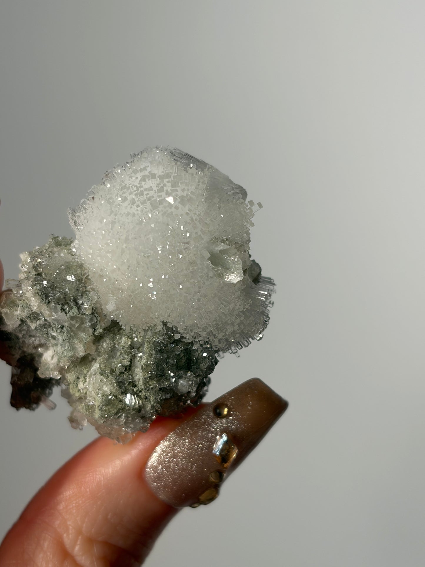 Natrolite Specimen with Apophyllite Coated Quartz and Rhombohedral Calcite L
