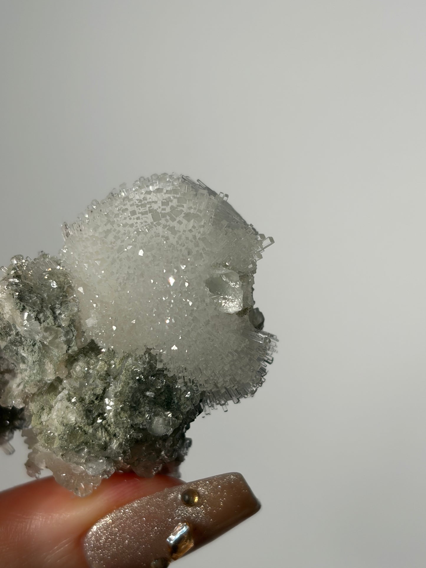 Natrolite Specimen with Apophyllite Coated Quartz and Rhombohedral Calcite L