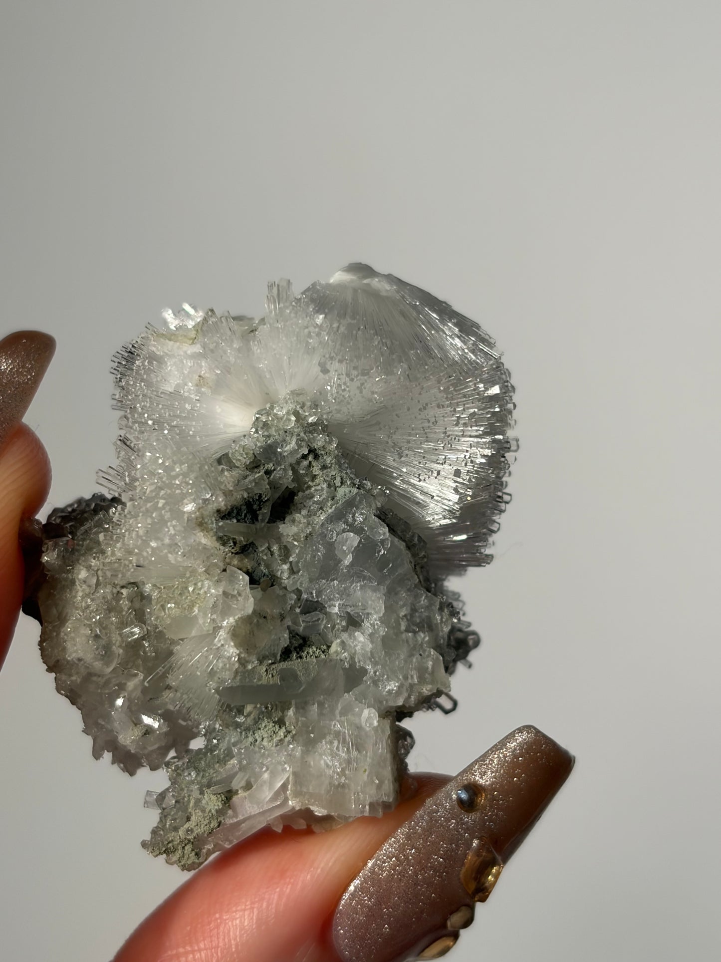 Natrolite Specimen with Apophyllite Coated Quartz and Rhombohedral Calcite L