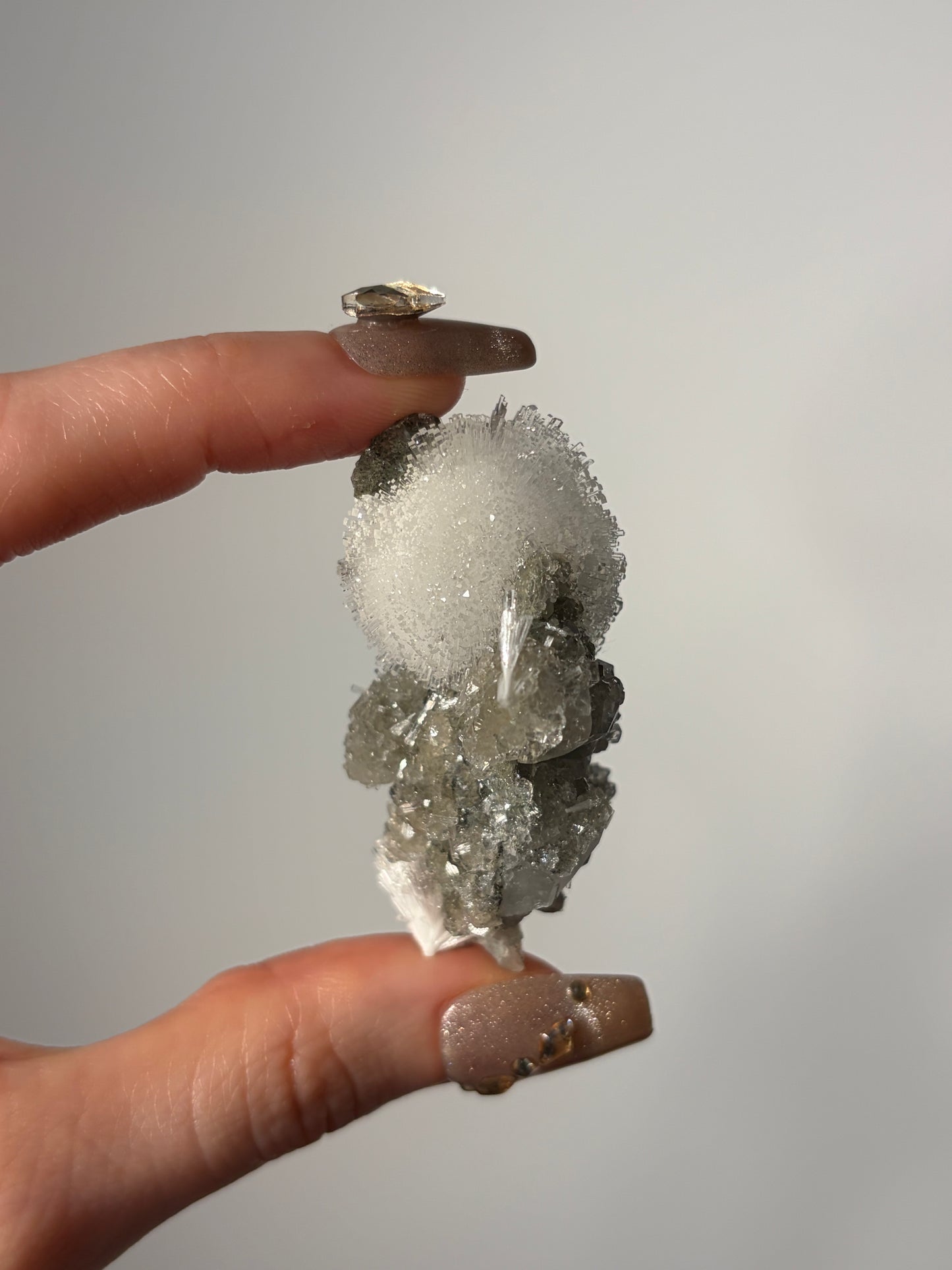 Natrolite Specimen with Quartz and Apophyllite Coated Rhombohedral Calcite M