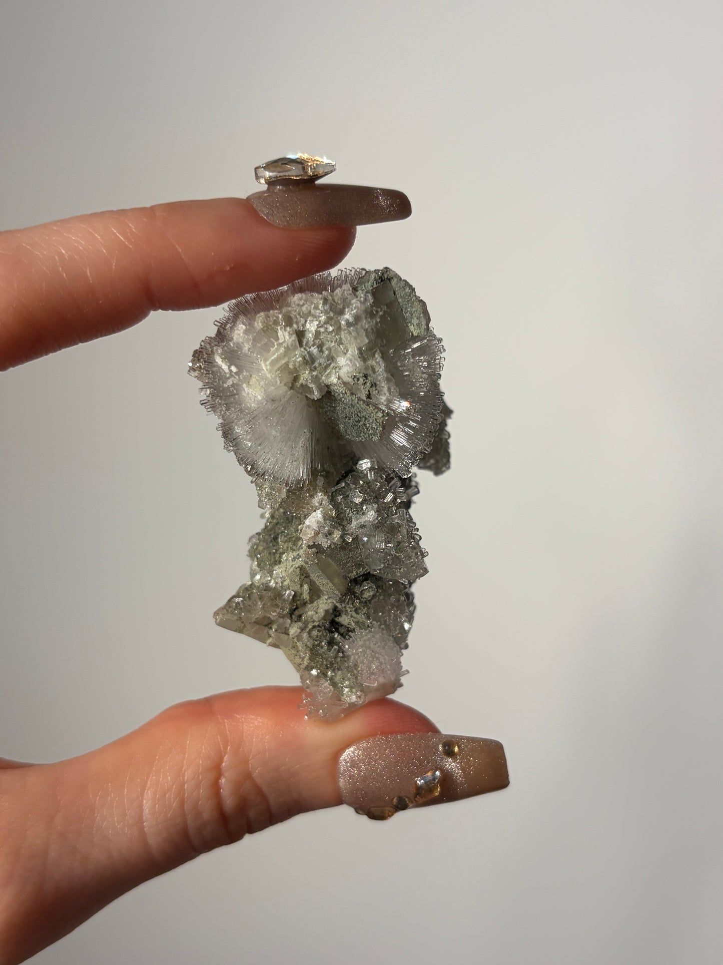 Natrolite Specimen with Quartz and Apophyllite Coated Rhombohedral Calcite M