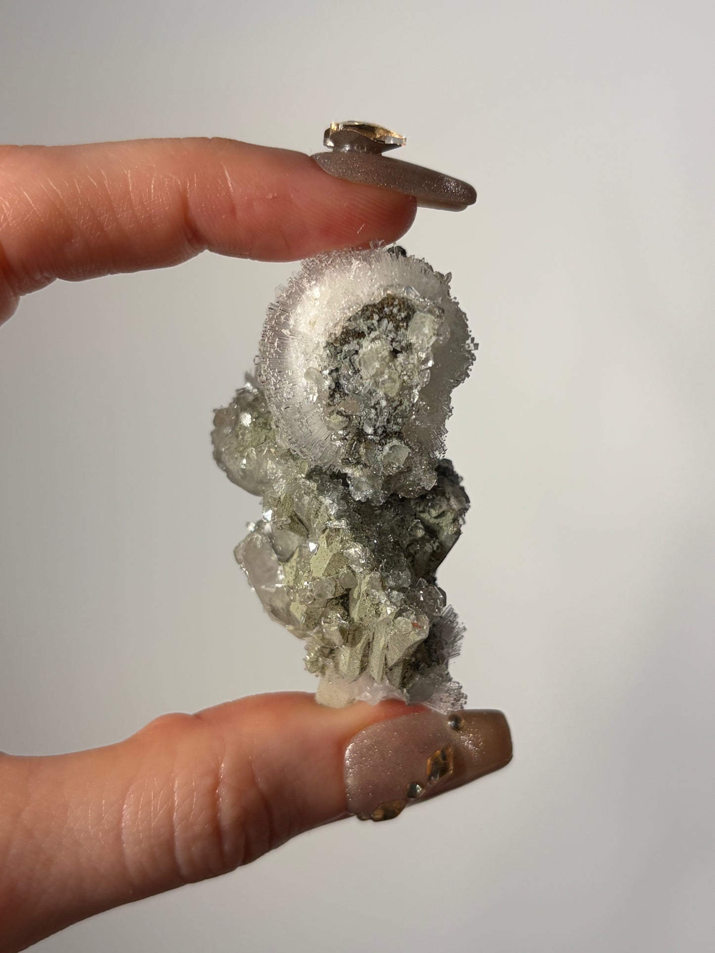 Natrolite Specimen with Quartz and Apophyllite Coated Rhombohedral Calcite M