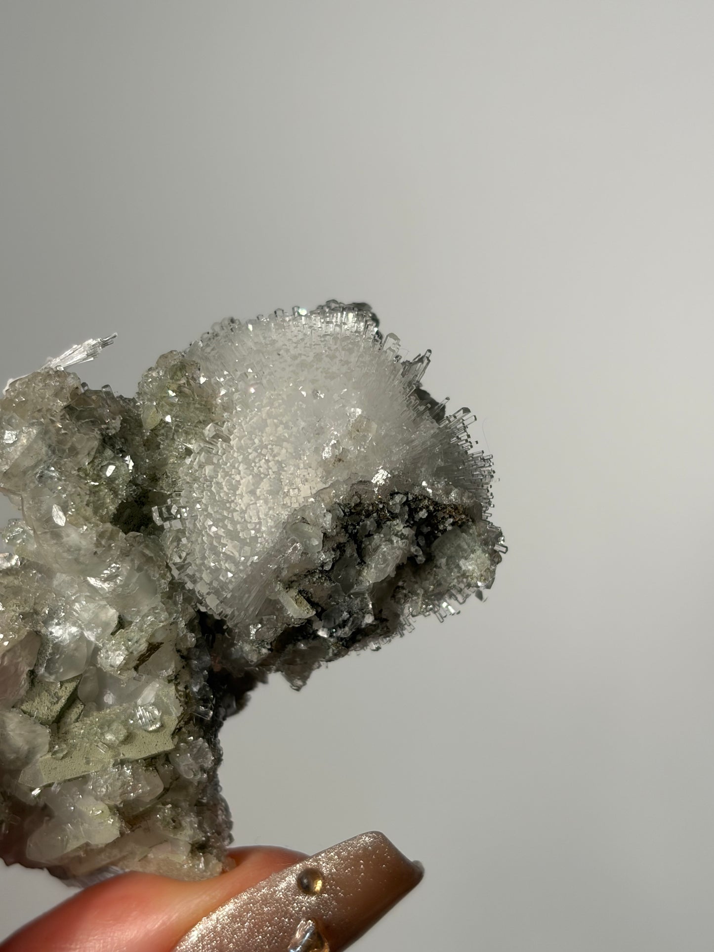 Natrolite Specimen with Quartz and Apophyllite Coated Rhombohedral Calcite M