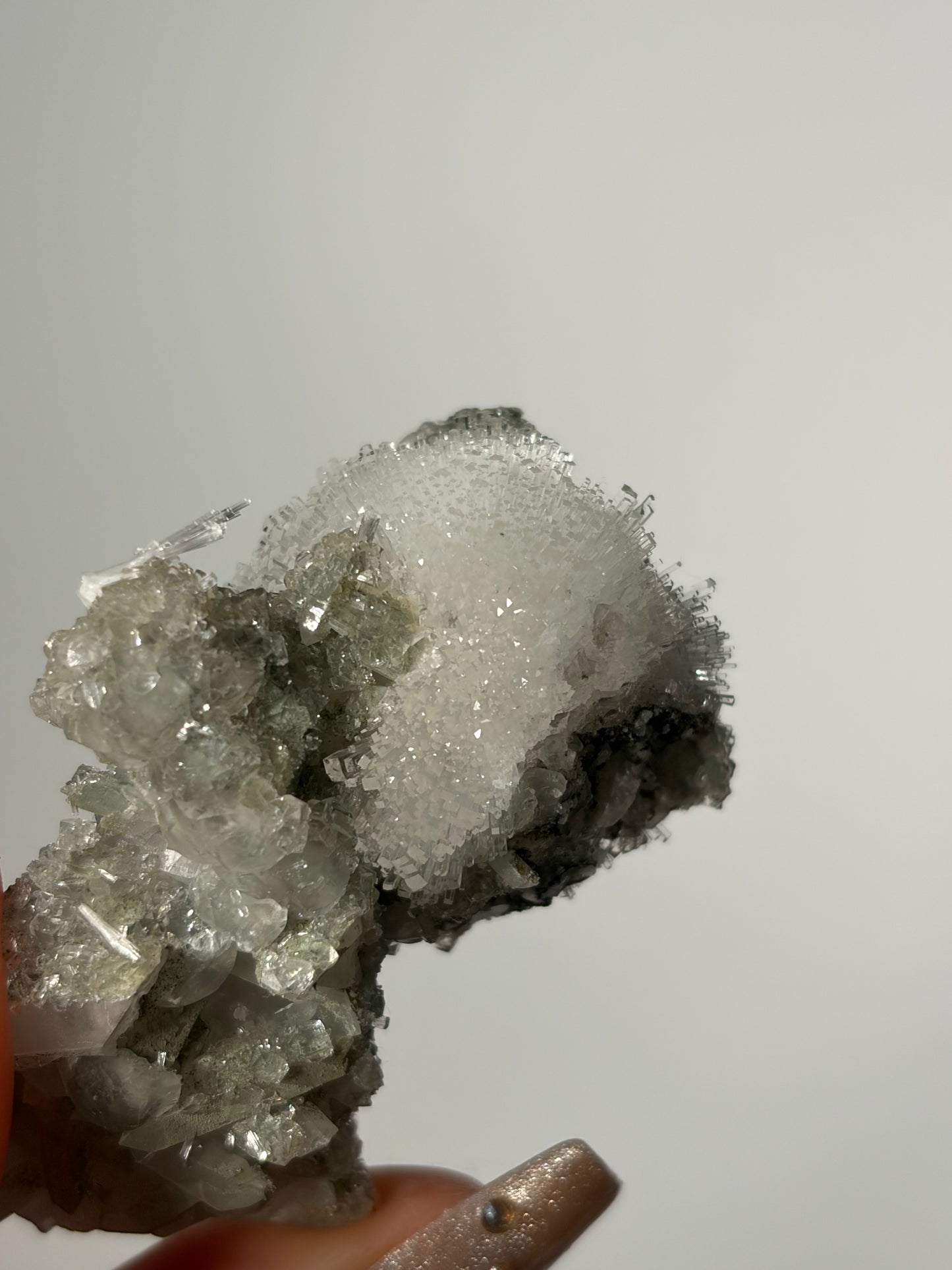 Natrolite Specimen with Quartz and Apophyllite Coated Rhombohedral Calcite M