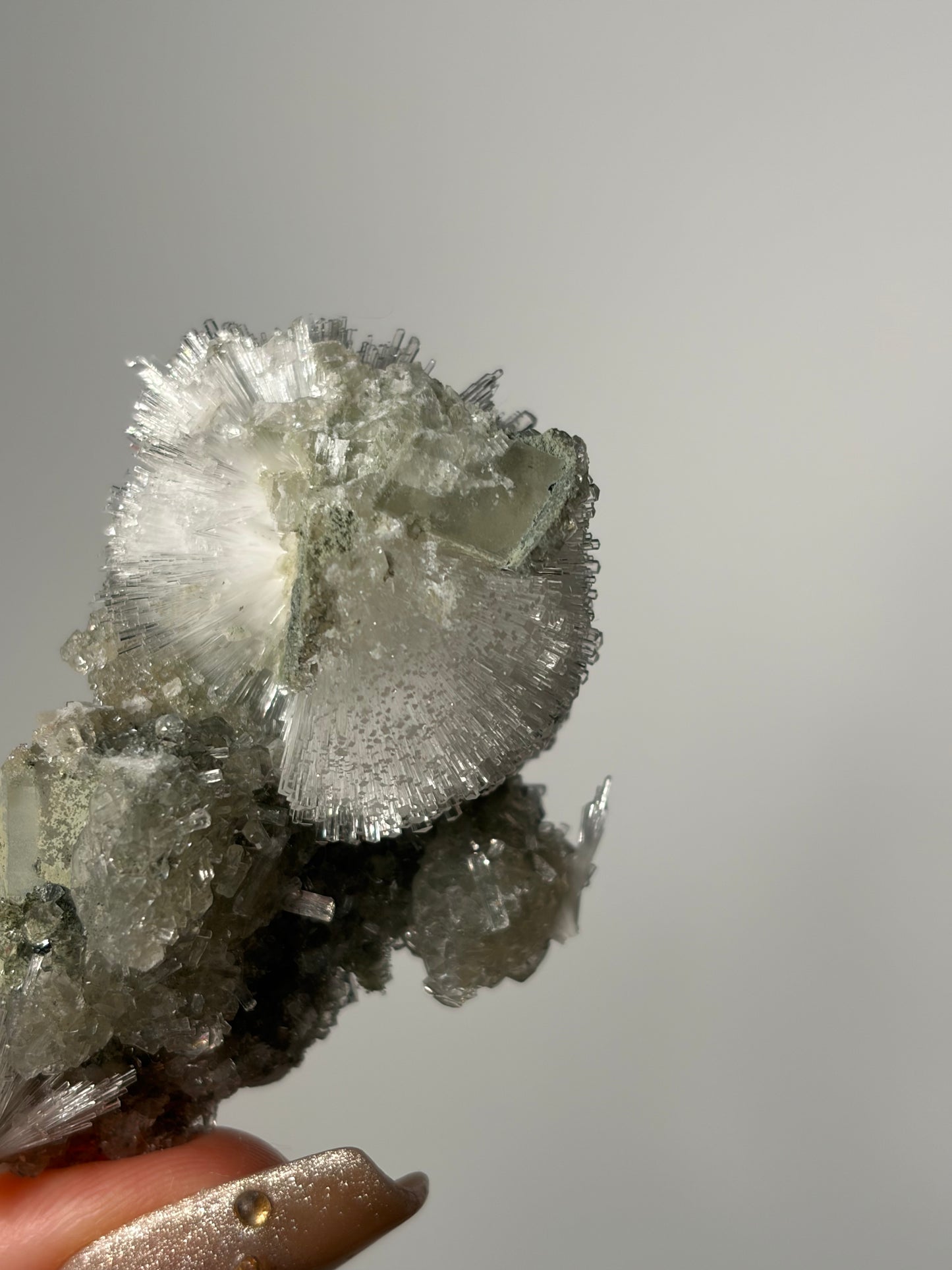 Natrolite Specimen with Quartz and Apophyllite Coated Rhombohedral Calcite M