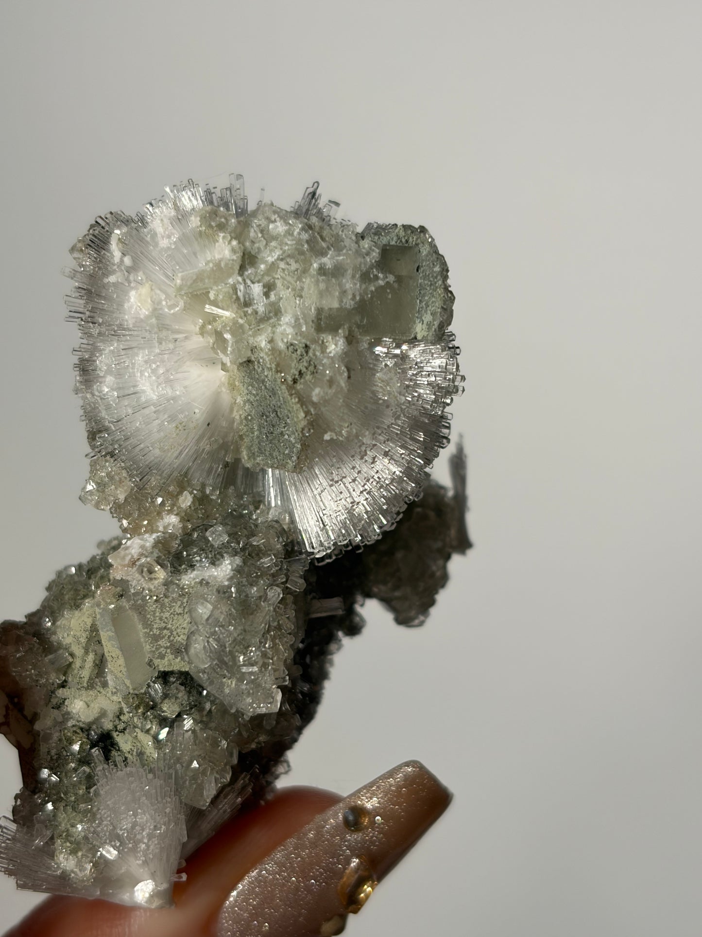 Natrolite Specimen with Quartz and Apophyllite Coated Rhombohedral Calcite M