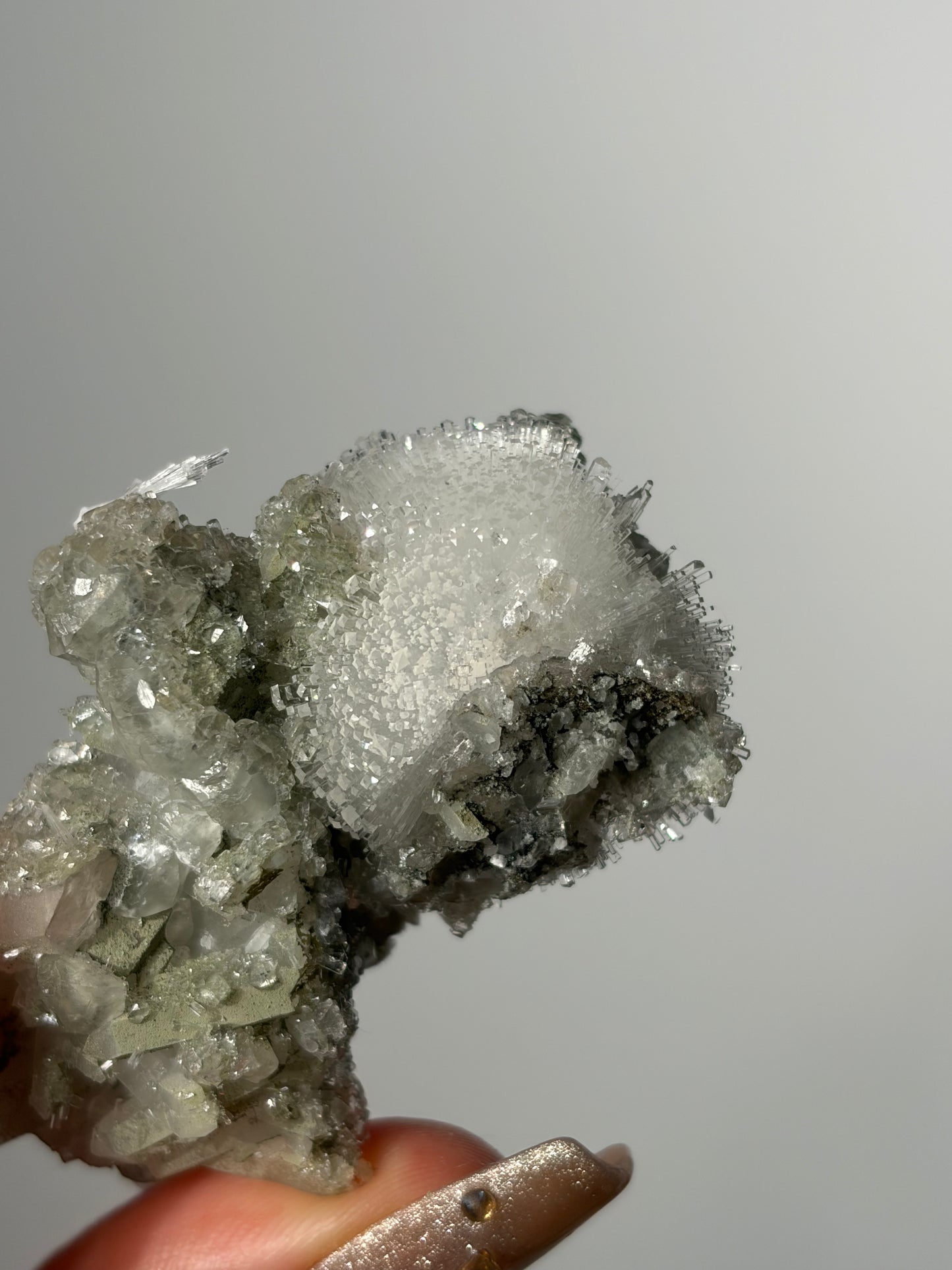Natrolite Specimen with Quartz and Apophyllite Coated Rhombohedral Calcite M