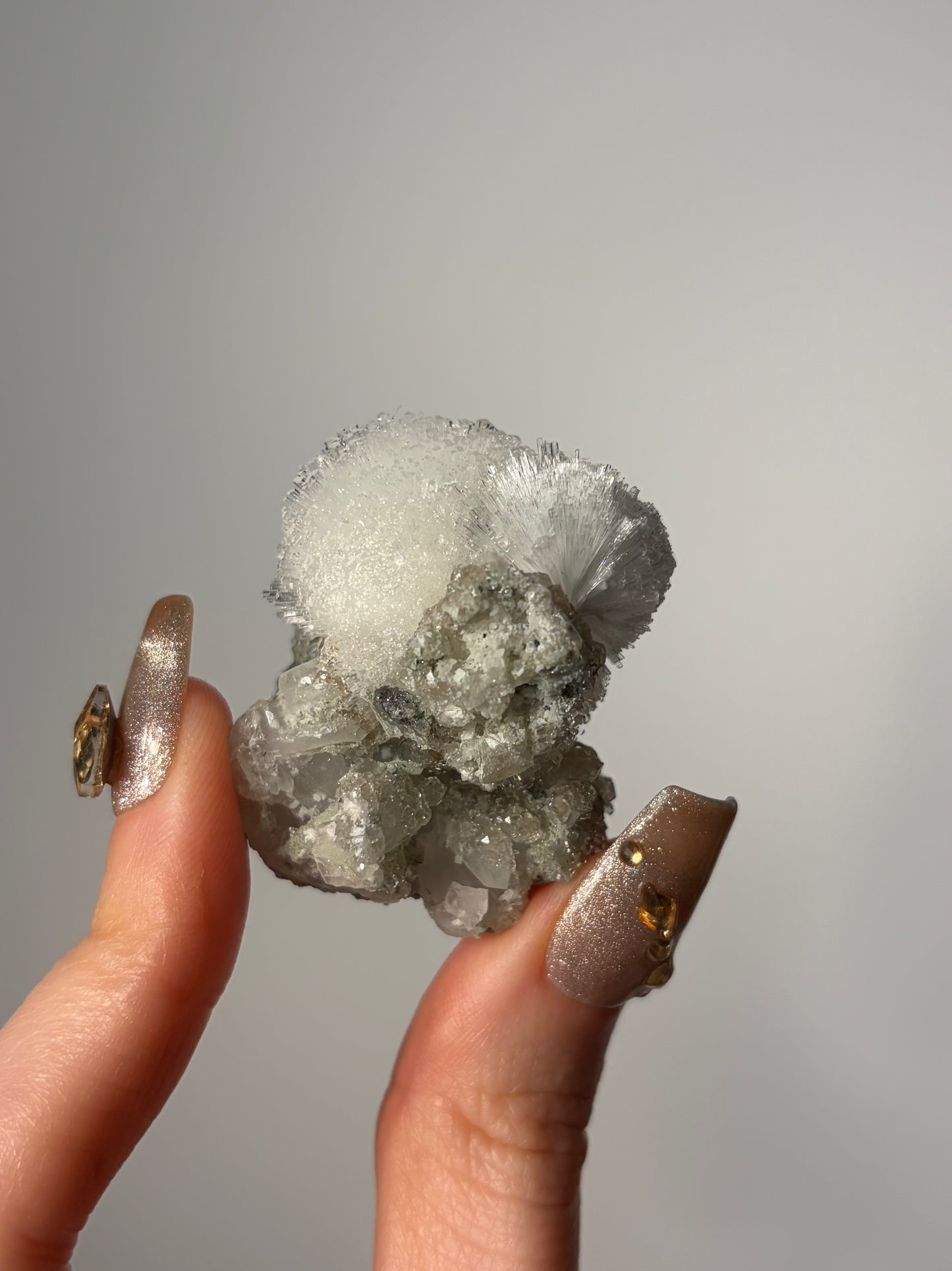 Natrolite Specimen with Quartz & Apophyllite Coated Rhombohedral Calcite N