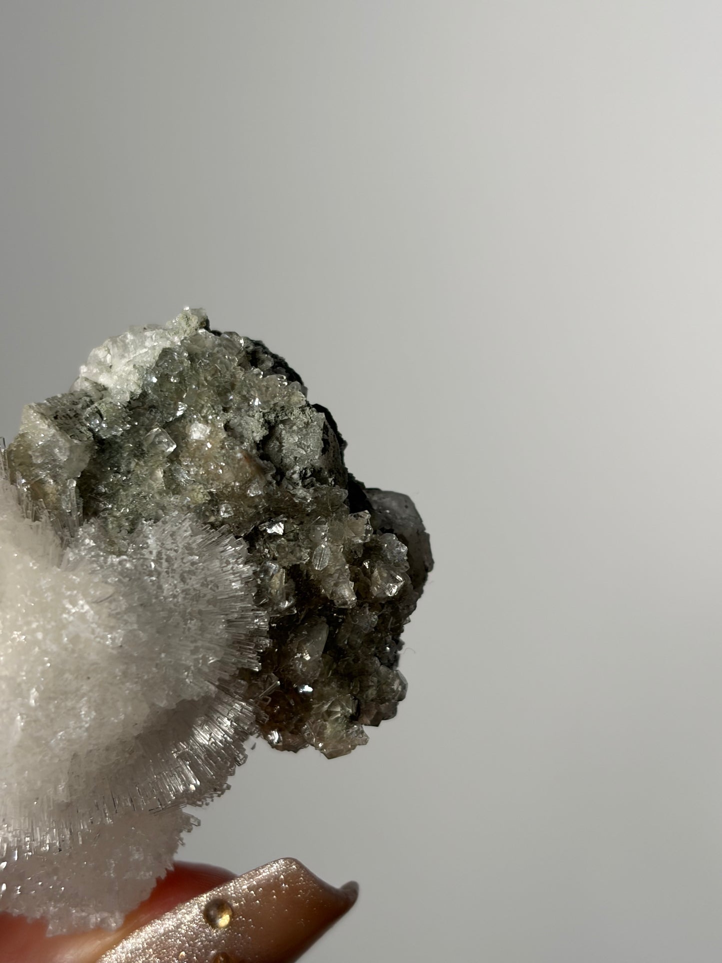 Natrolite Specimen with Quartz & Apophyllite Coated Rhombohedral Calcite N