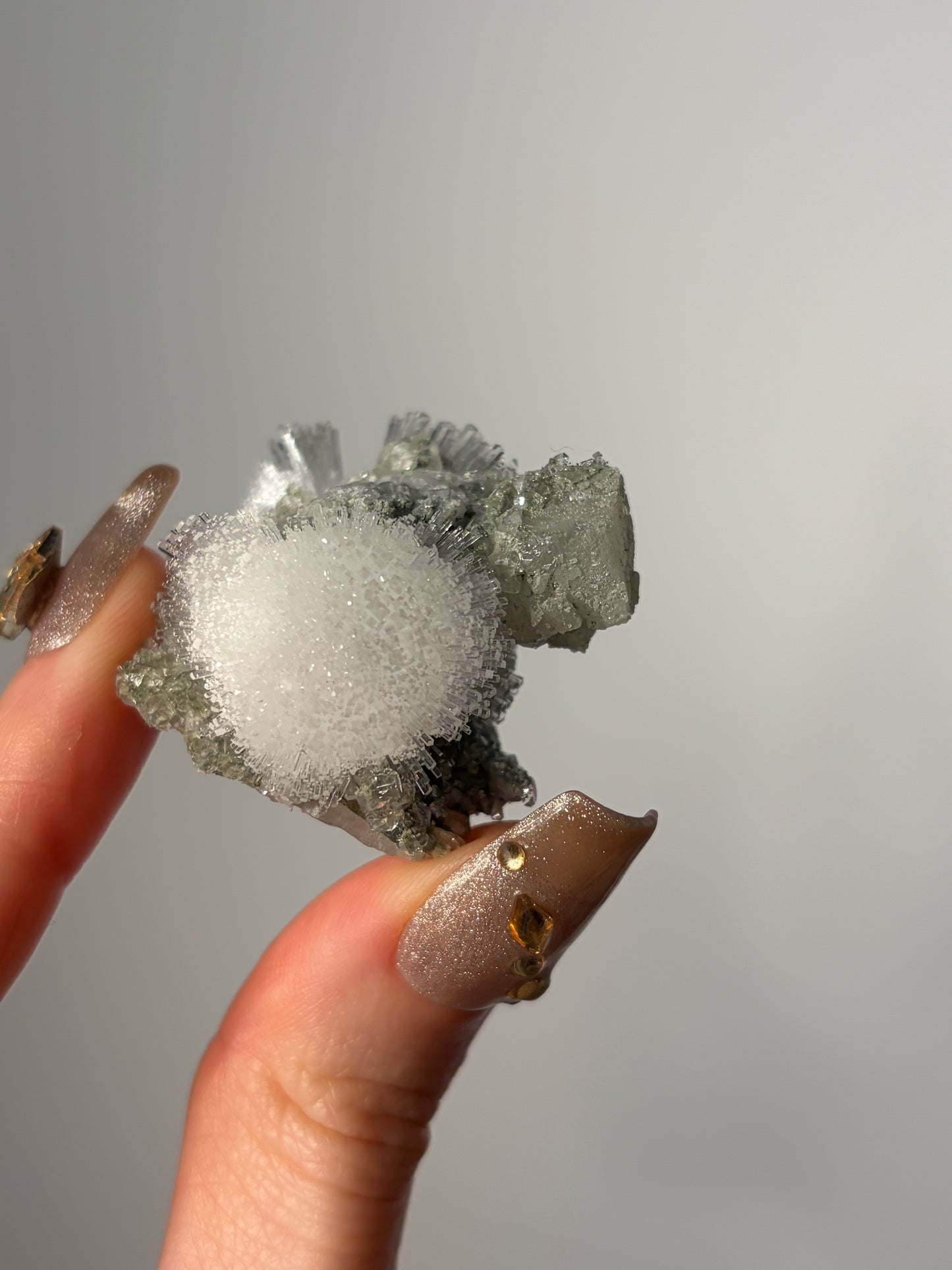 Natrolite Specimen with Quartz and Apophyllite Coated Rhombohedral Calcite P