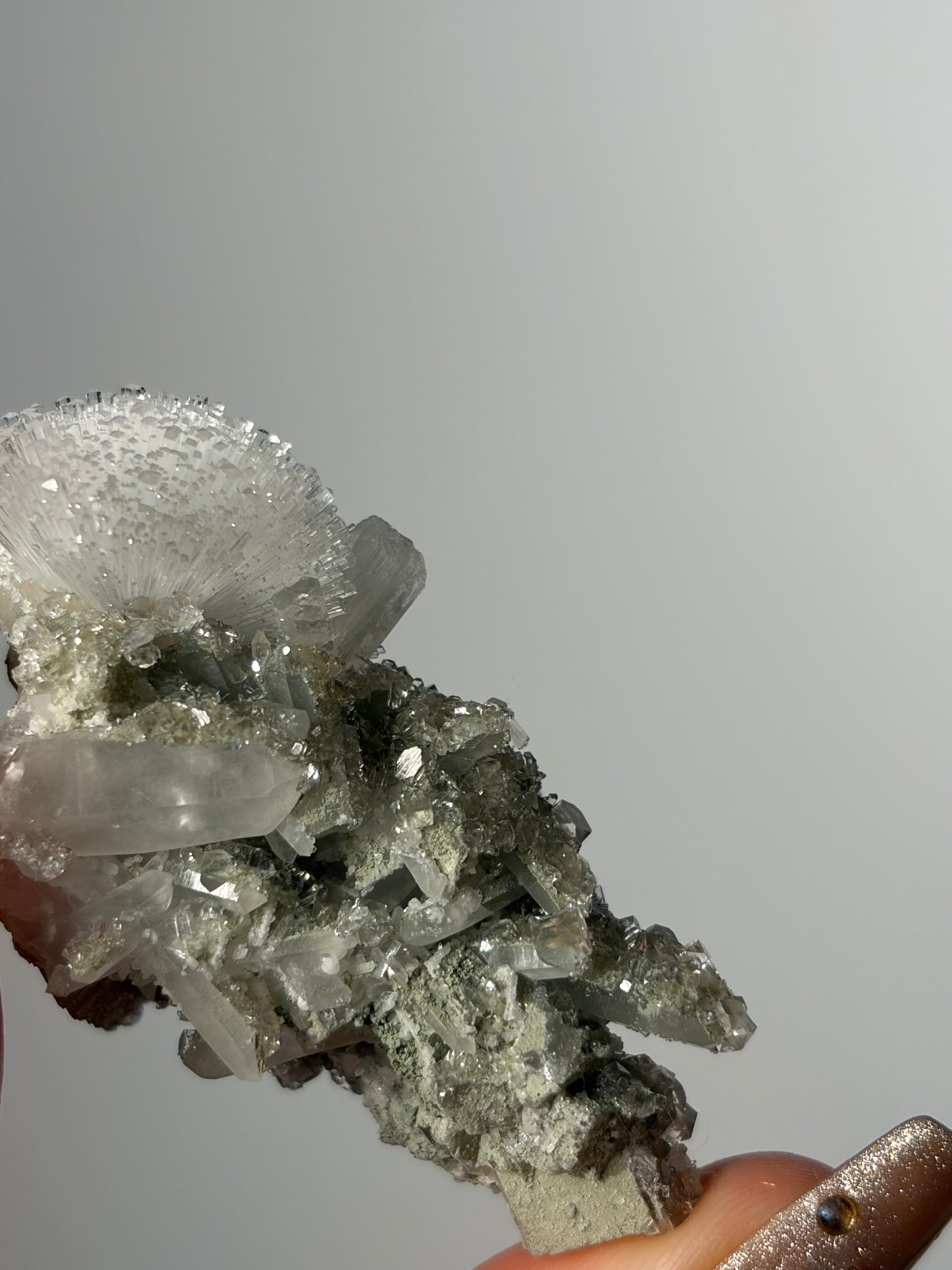 Natrolite Specimen with Stilbite & Apophyllite Coated Quartz and Rhombohedral Calcite R