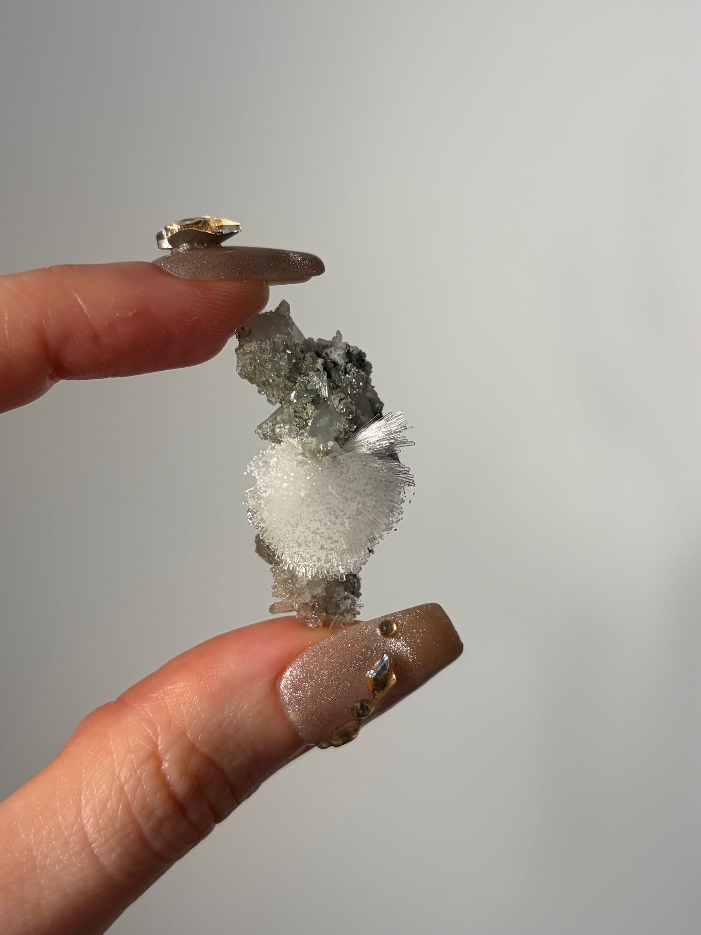 Natrolite Specimen with Apophyllite Coated Quartz and Rhombohedral Calcite S