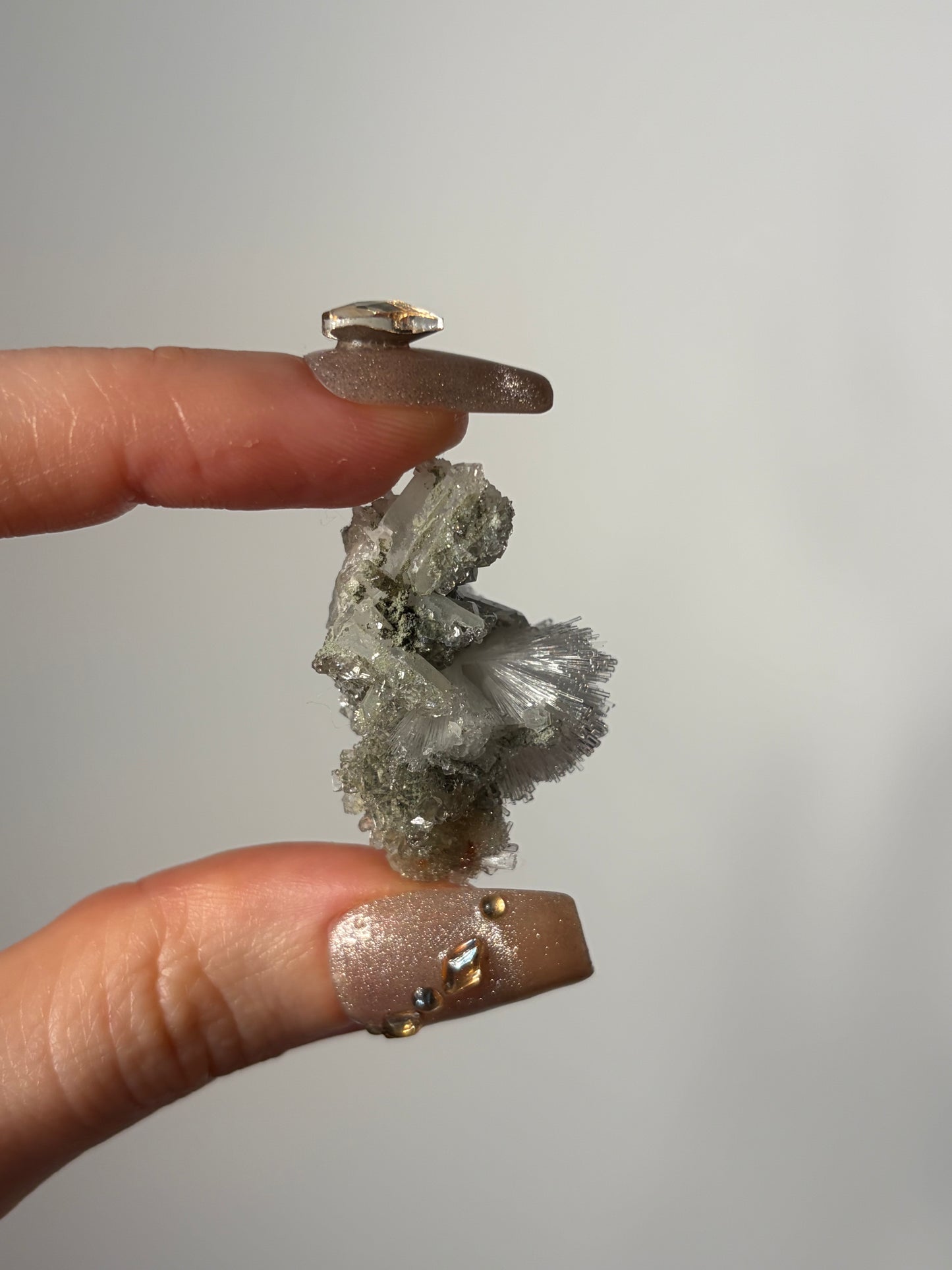 Natrolite Specimen with Apophyllite Coated Quartz and Rhombohedral Calcite S