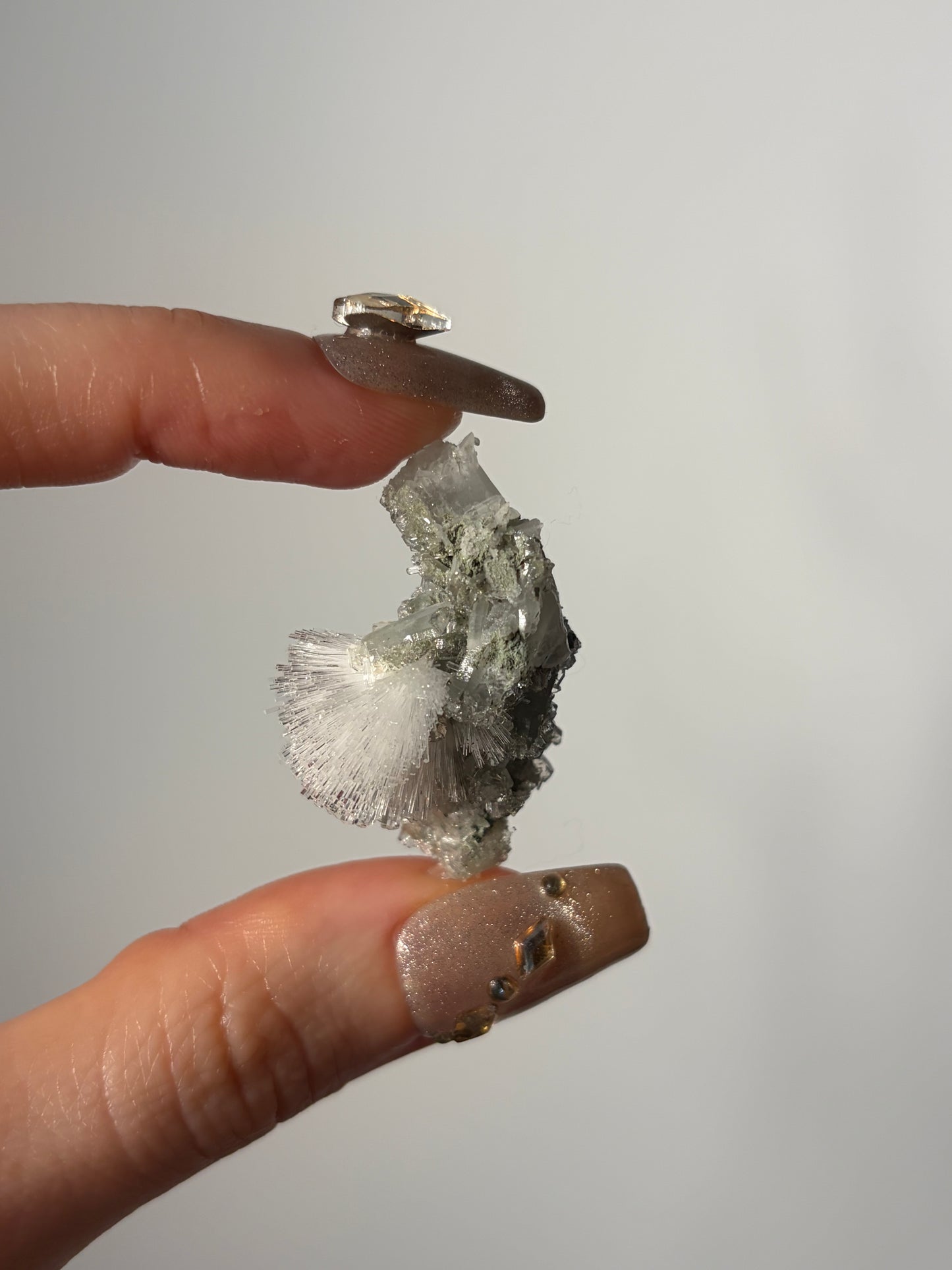 Natrolite Specimen with Apophyllite Coated Quartz and Rhombohedral Calcite S