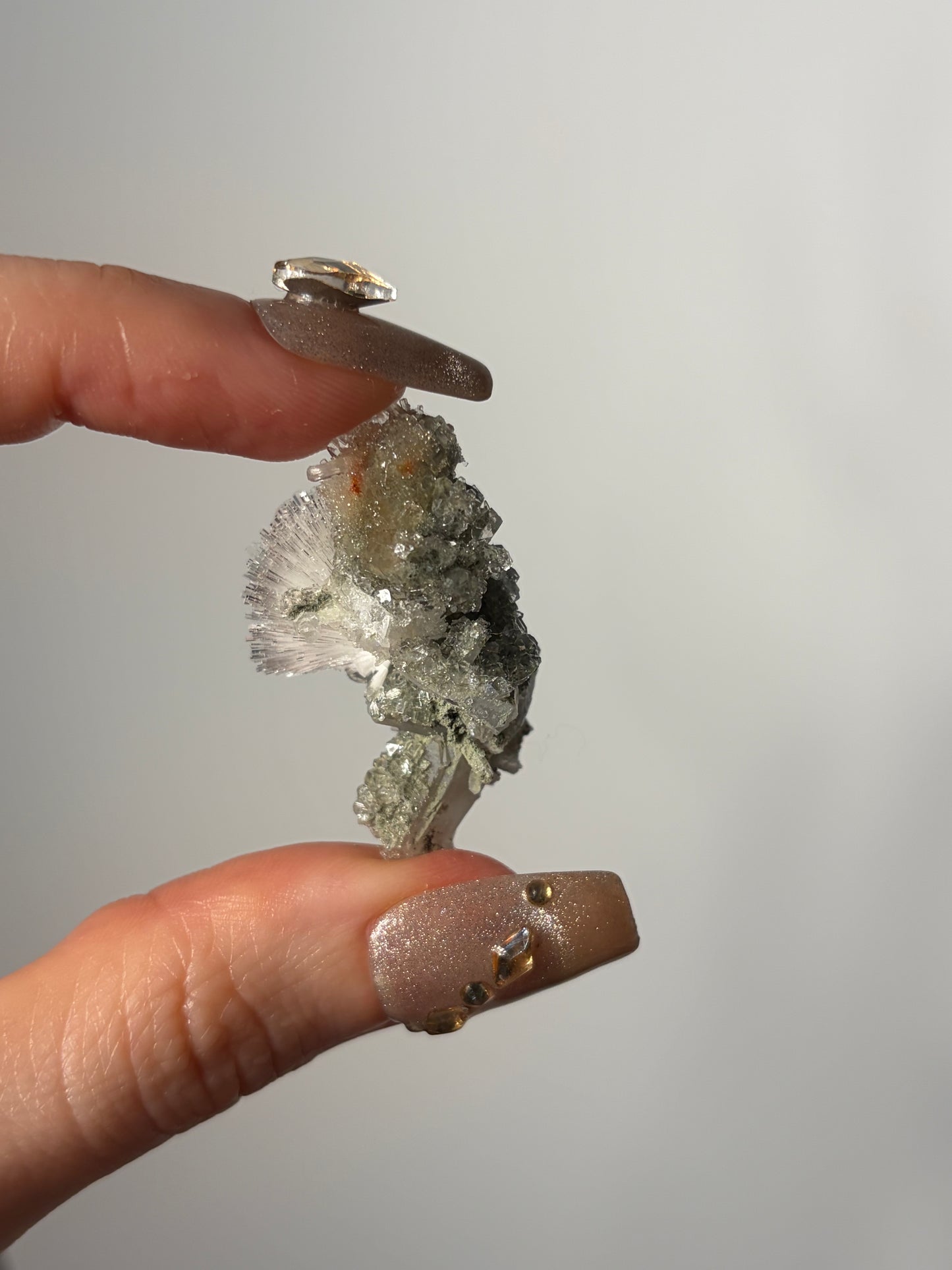 Natrolite Specimen with Apophyllite Coated Quartz and Rhombohedral Calcite S