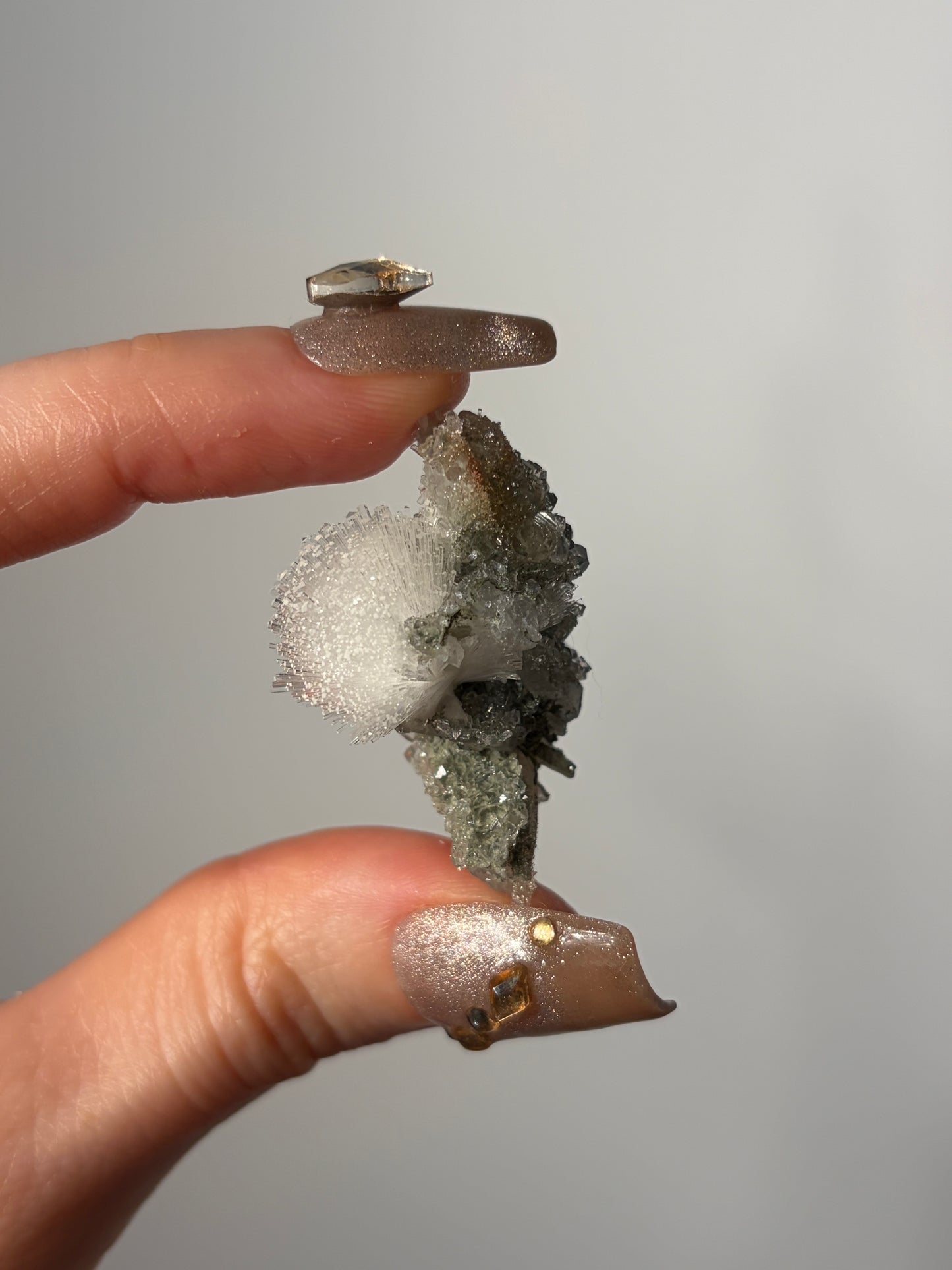 Natrolite Specimen with Apophyllite Coated Quartz and Rhombohedral Calcite S
