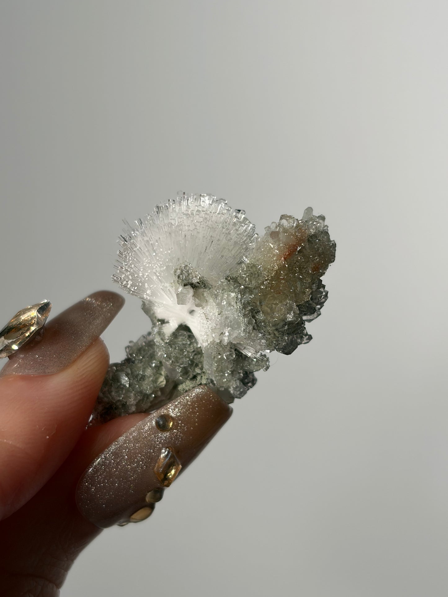 Natrolite Specimen with Apophyllite Coated Quartz and Rhombohedral Calcite S