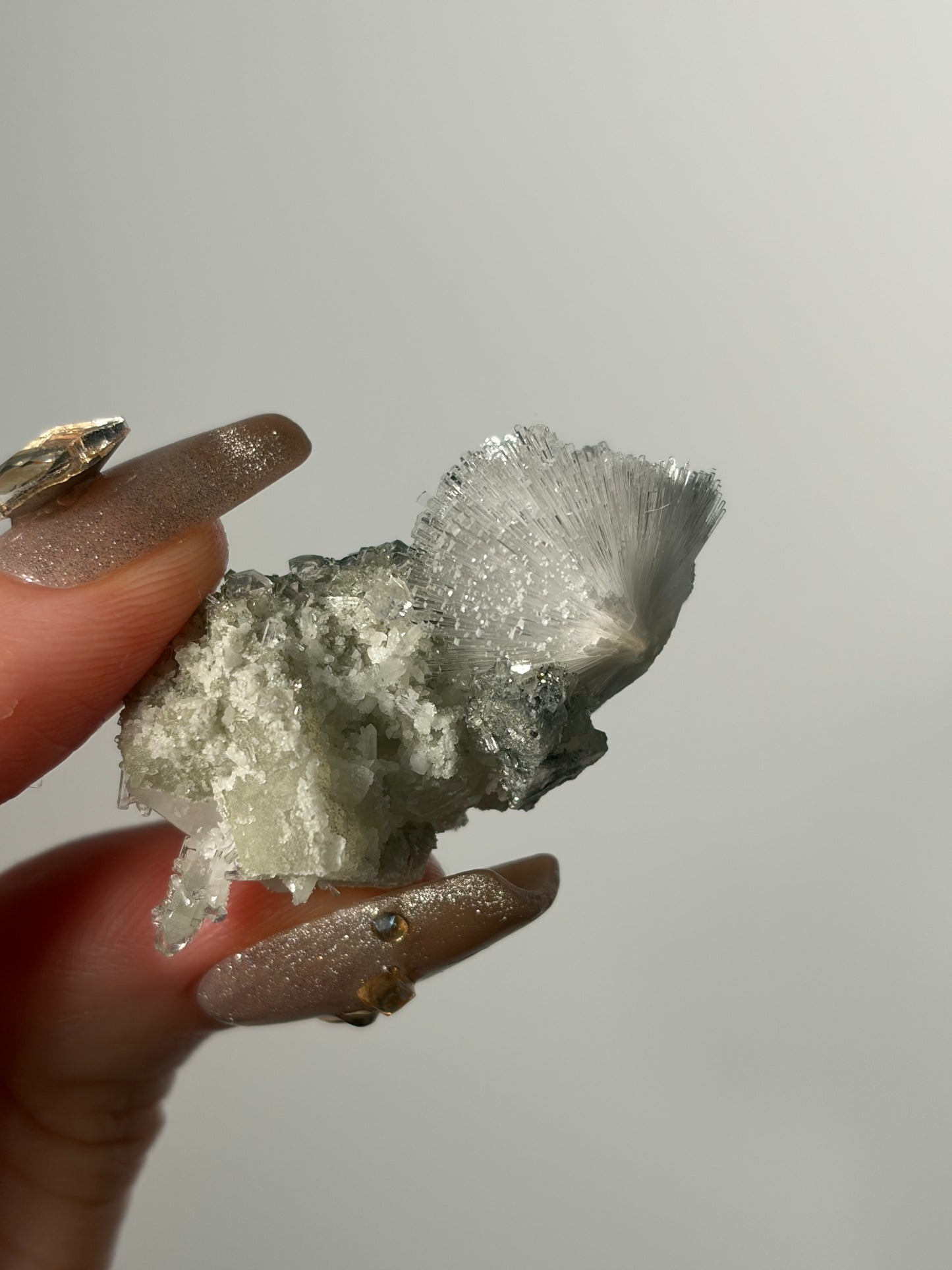 Natrolite Specimen with Apophyllite Coated Quartz and Rhombohedral Calcite T