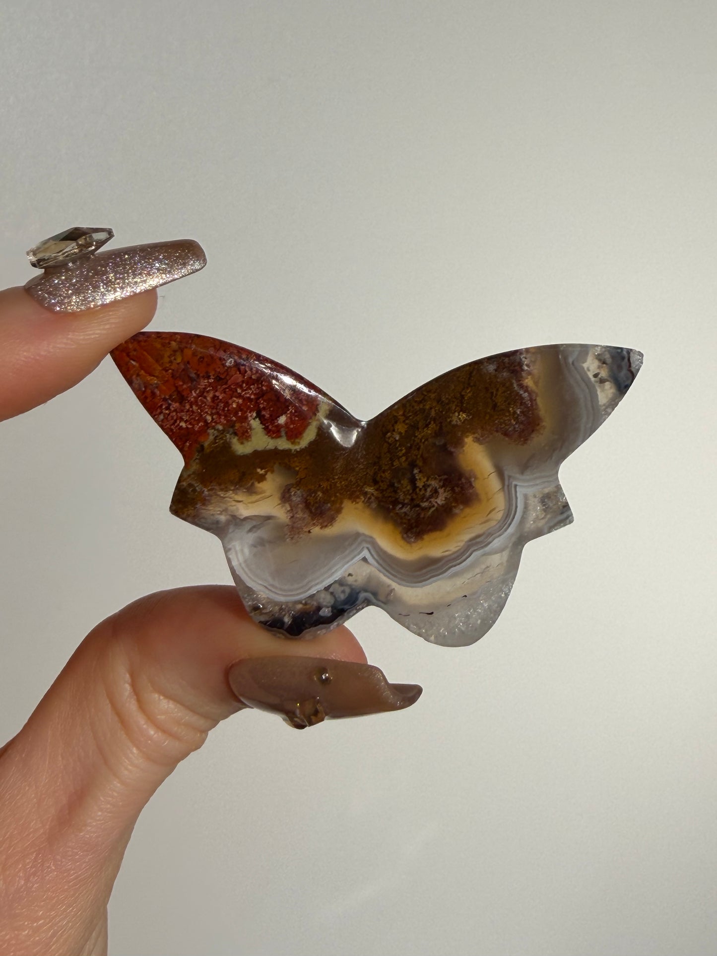 Nebula Agate 3D Butterfly Carving with Red Moss and Dendritic Inclusions