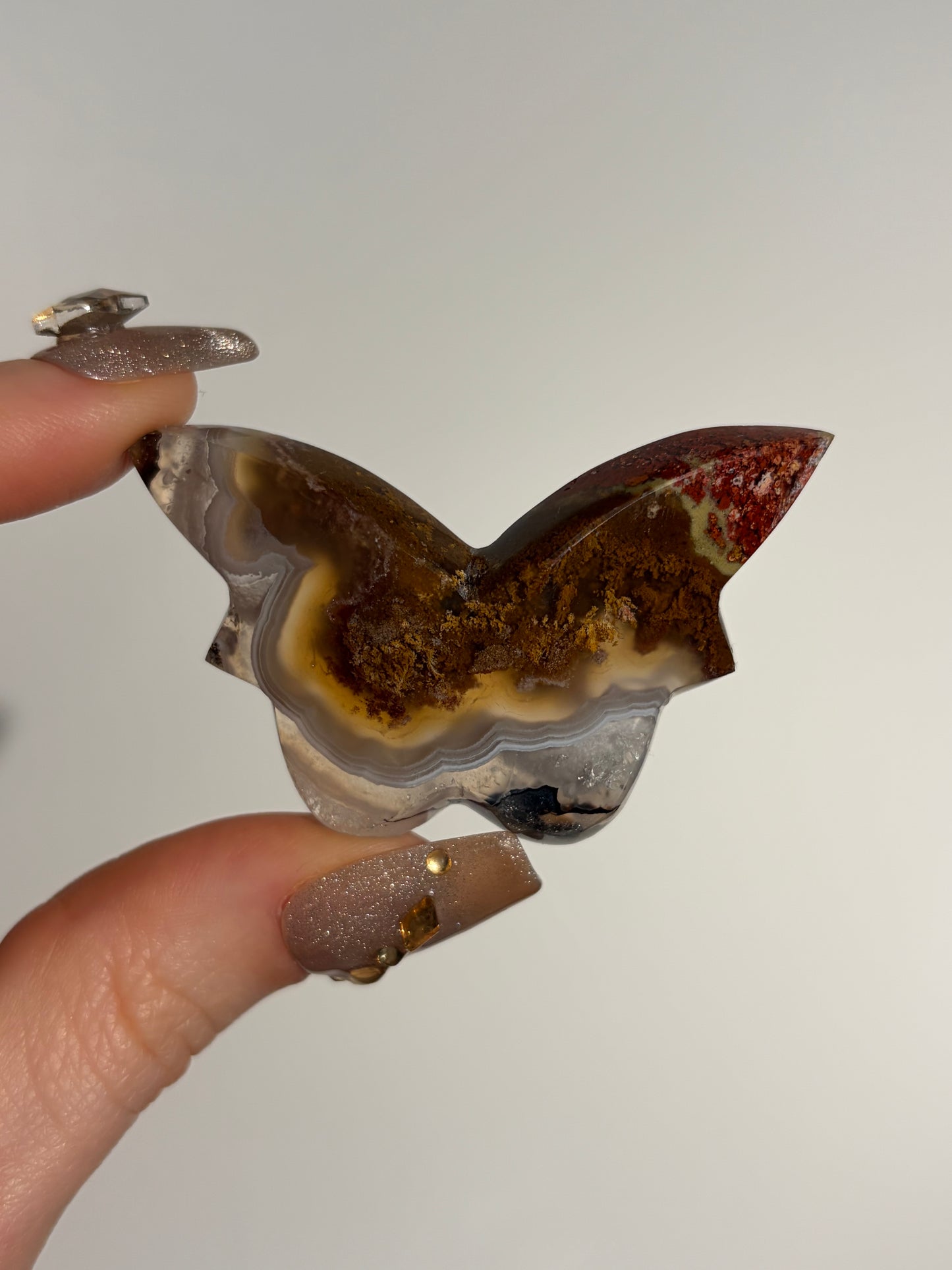Nebula Agate 3D Butterfly Carving with Red Moss and Dendritic Inclusions