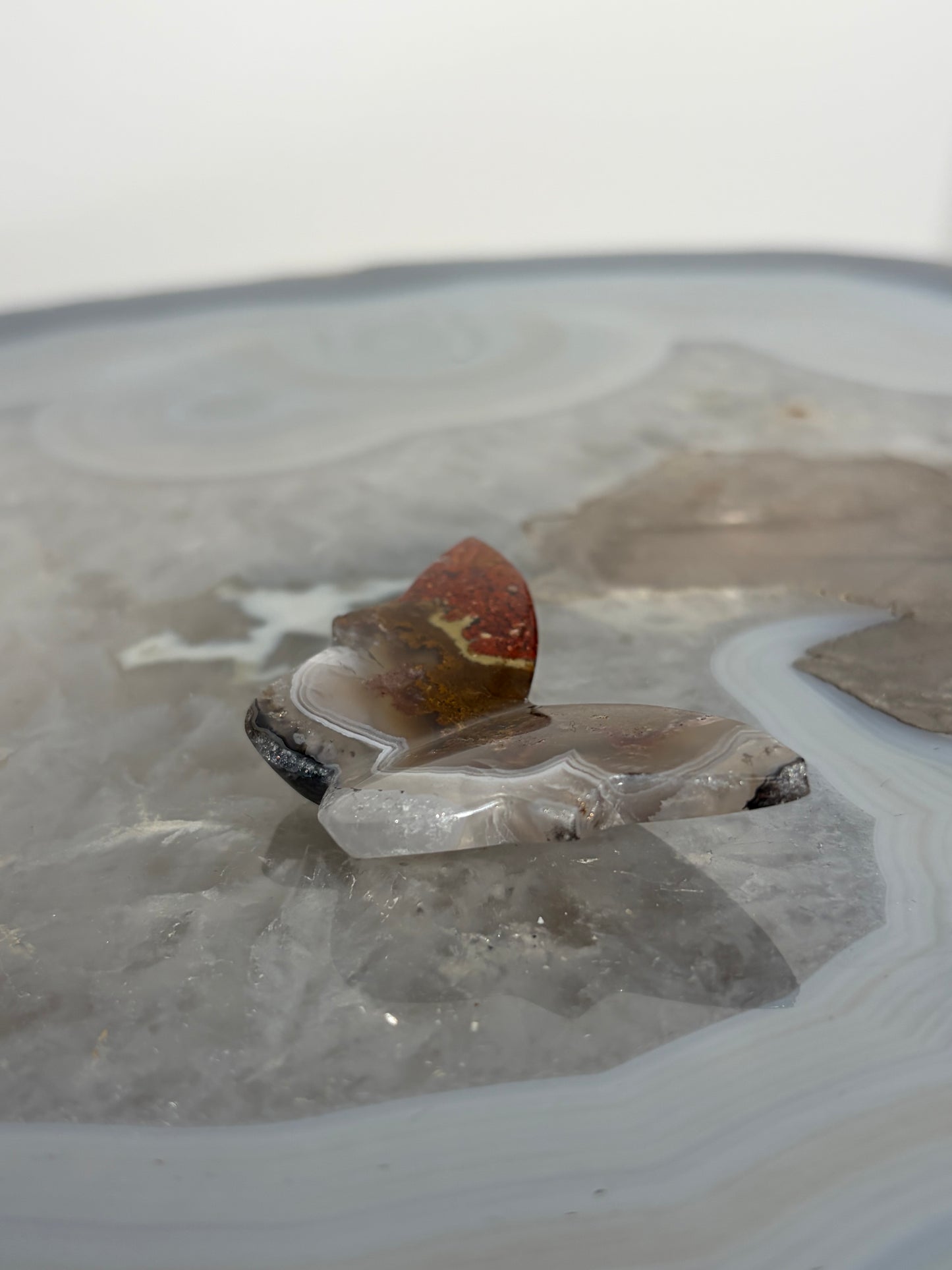 Nebula Agate 3D Butterfly Carving with Red Moss and Dendritic Inclusions