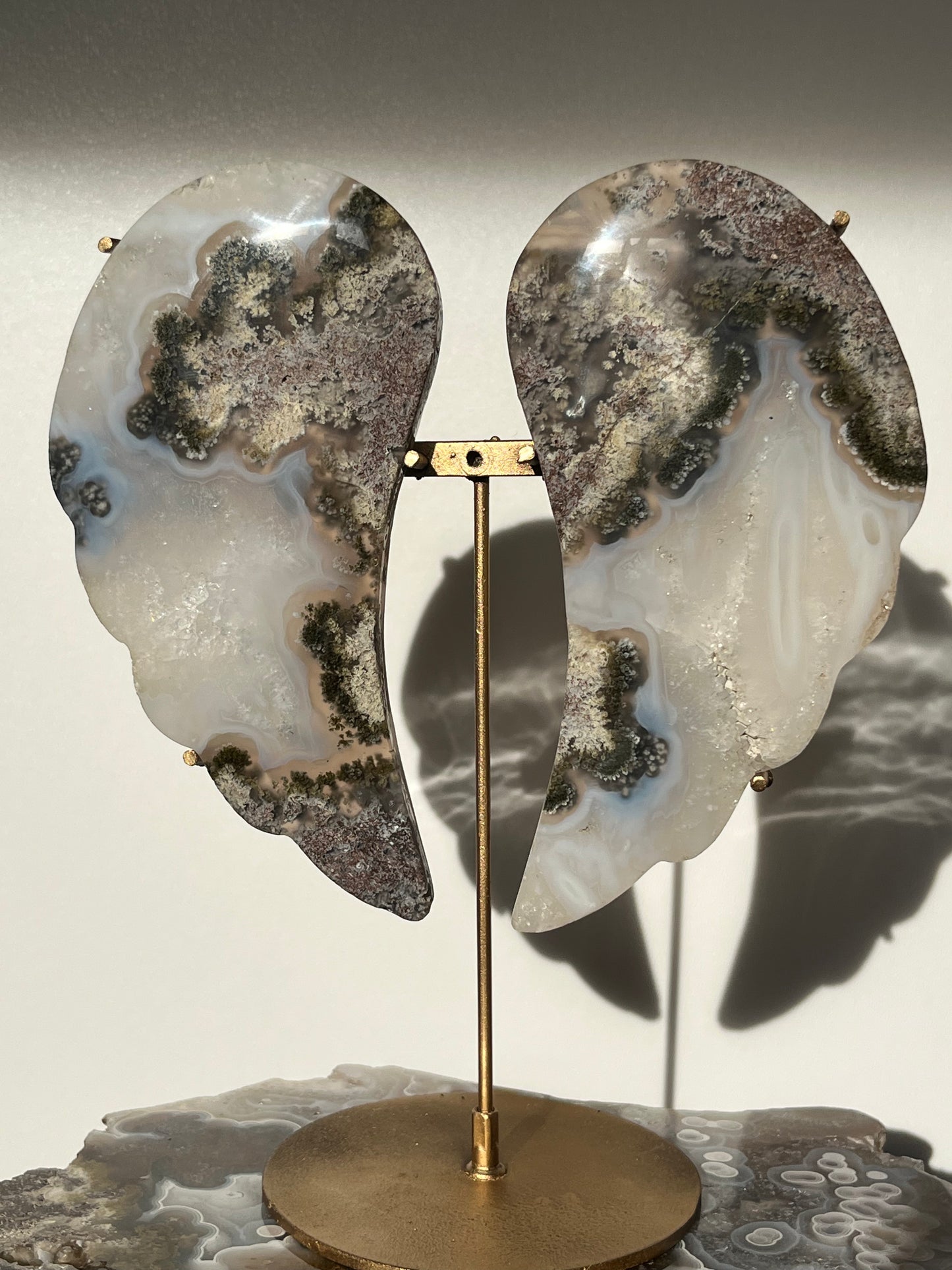 Nebula Agate Angel Wings with Green Moss & Blue Chalcedony on Stand (Perfectly Imperfect - Repair)