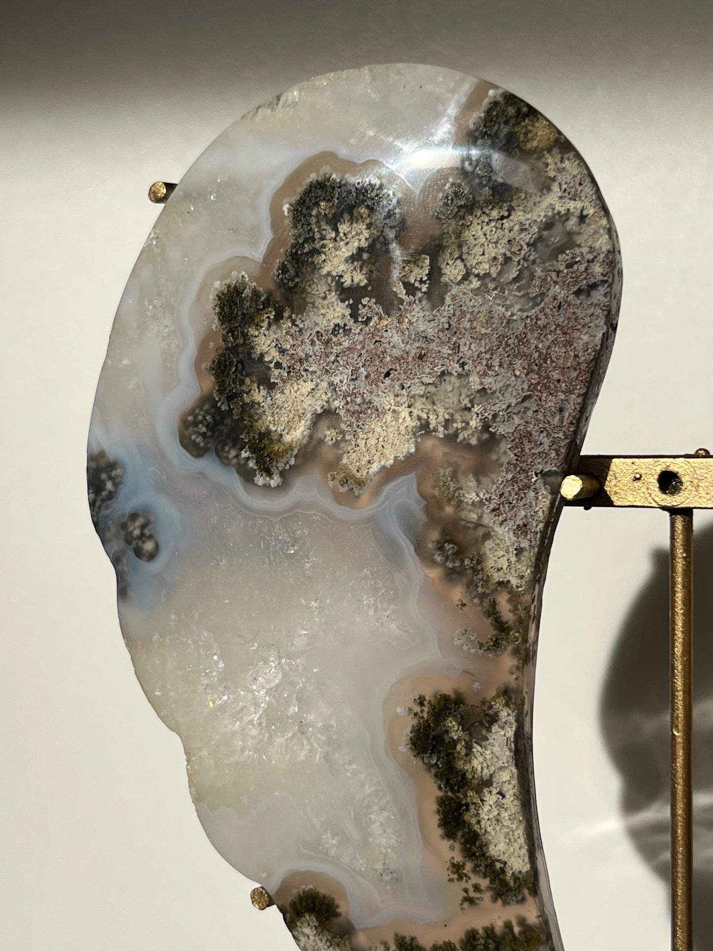 Nebula Agate Angel Wings with Green Moss & Blue Chalcedony on Stand (Perfectly Imperfect - Repair)