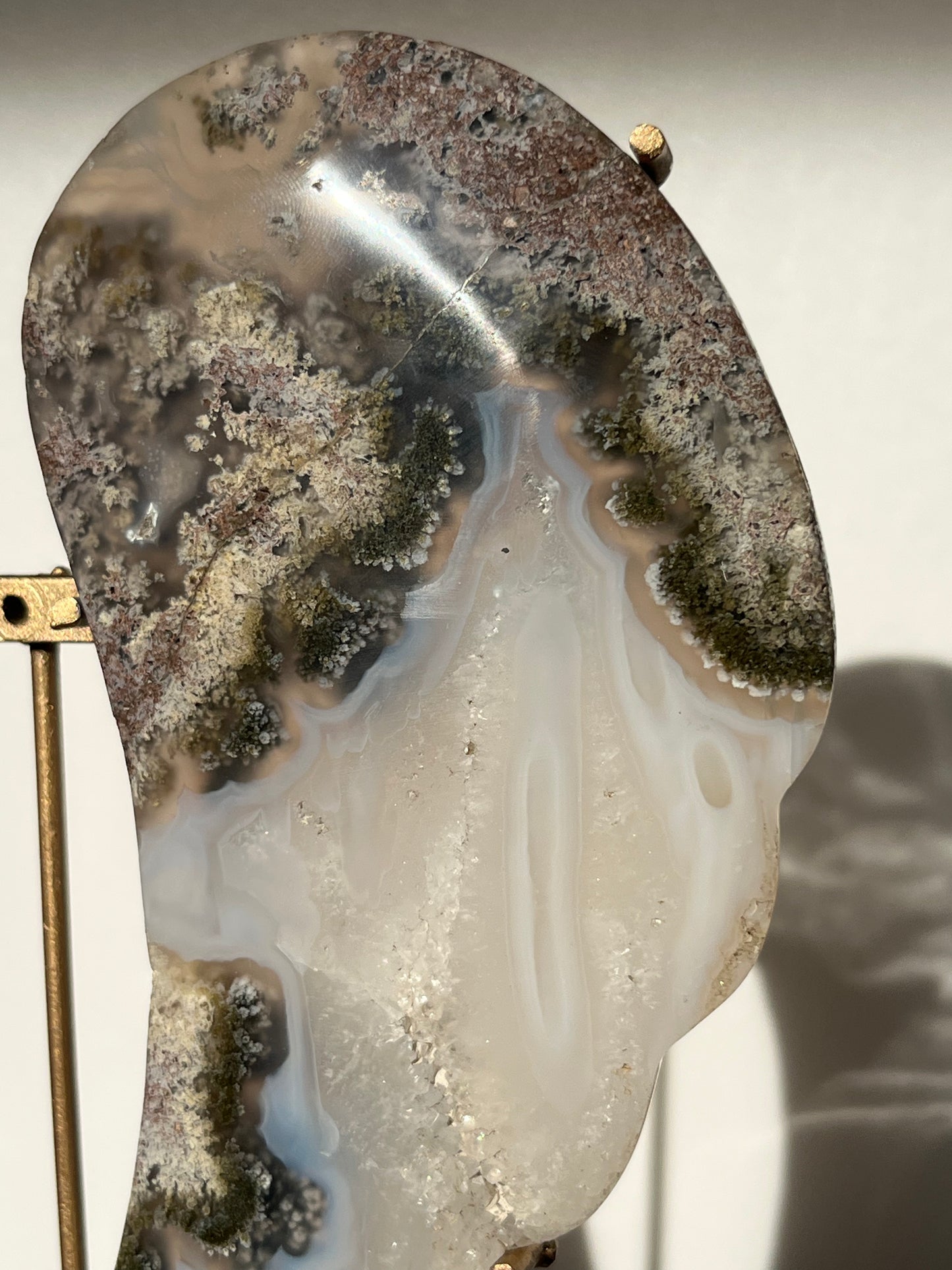 Nebula Agate Angel Wings with Green Moss & Blue Chalcedony on Stand (Perfectly Imperfect - Repair)