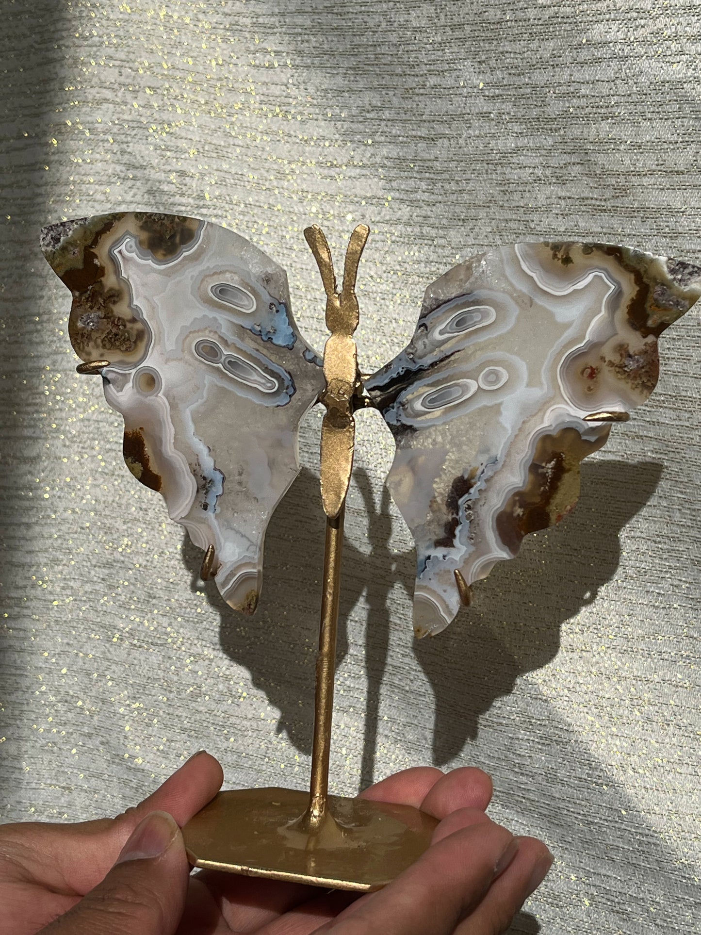 Orbicular Nebula Agate Butterfly Wings on Gold Stand