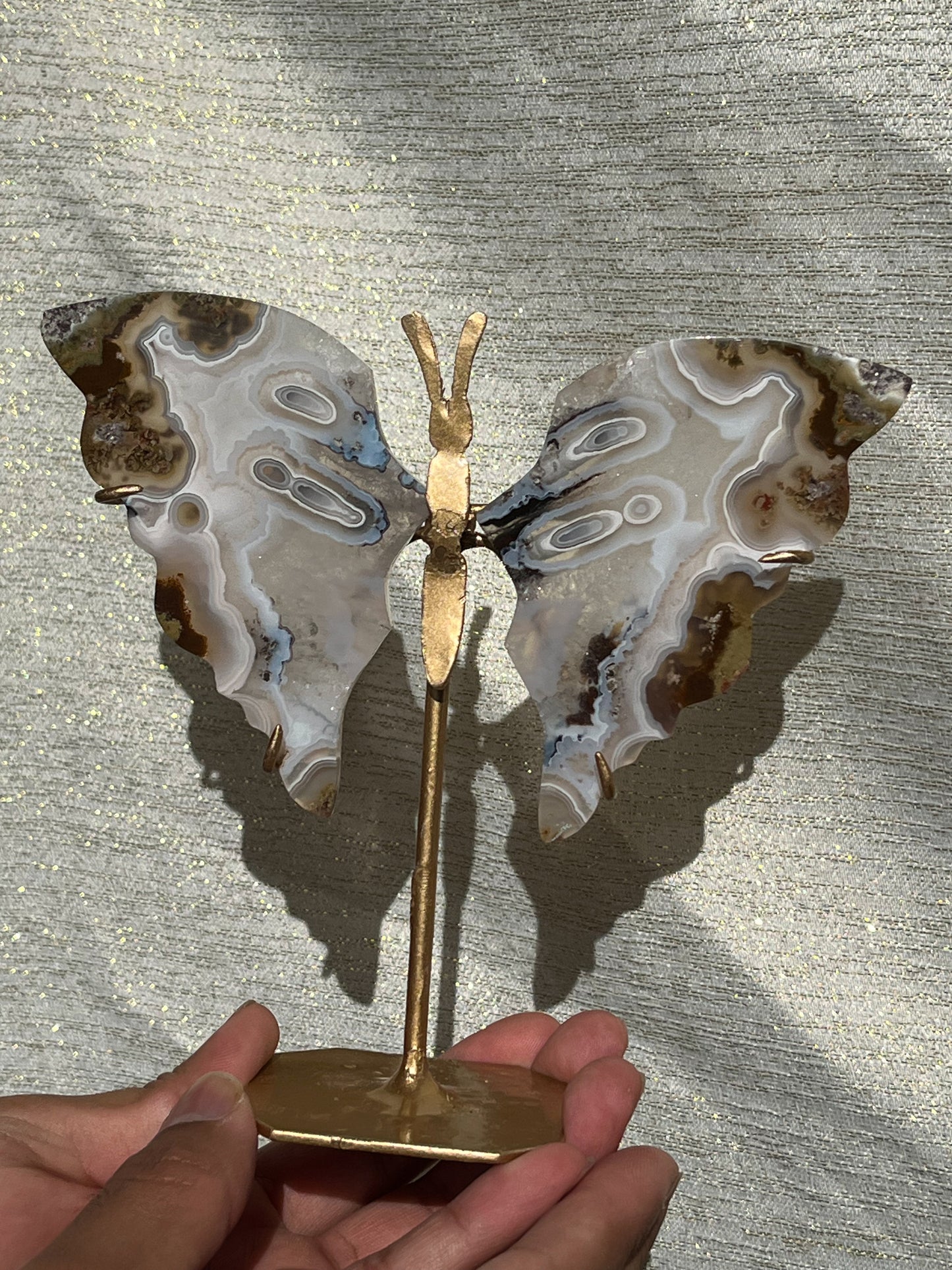 Orbicular Nebula Agate Butterfly Wings on Gold Stand