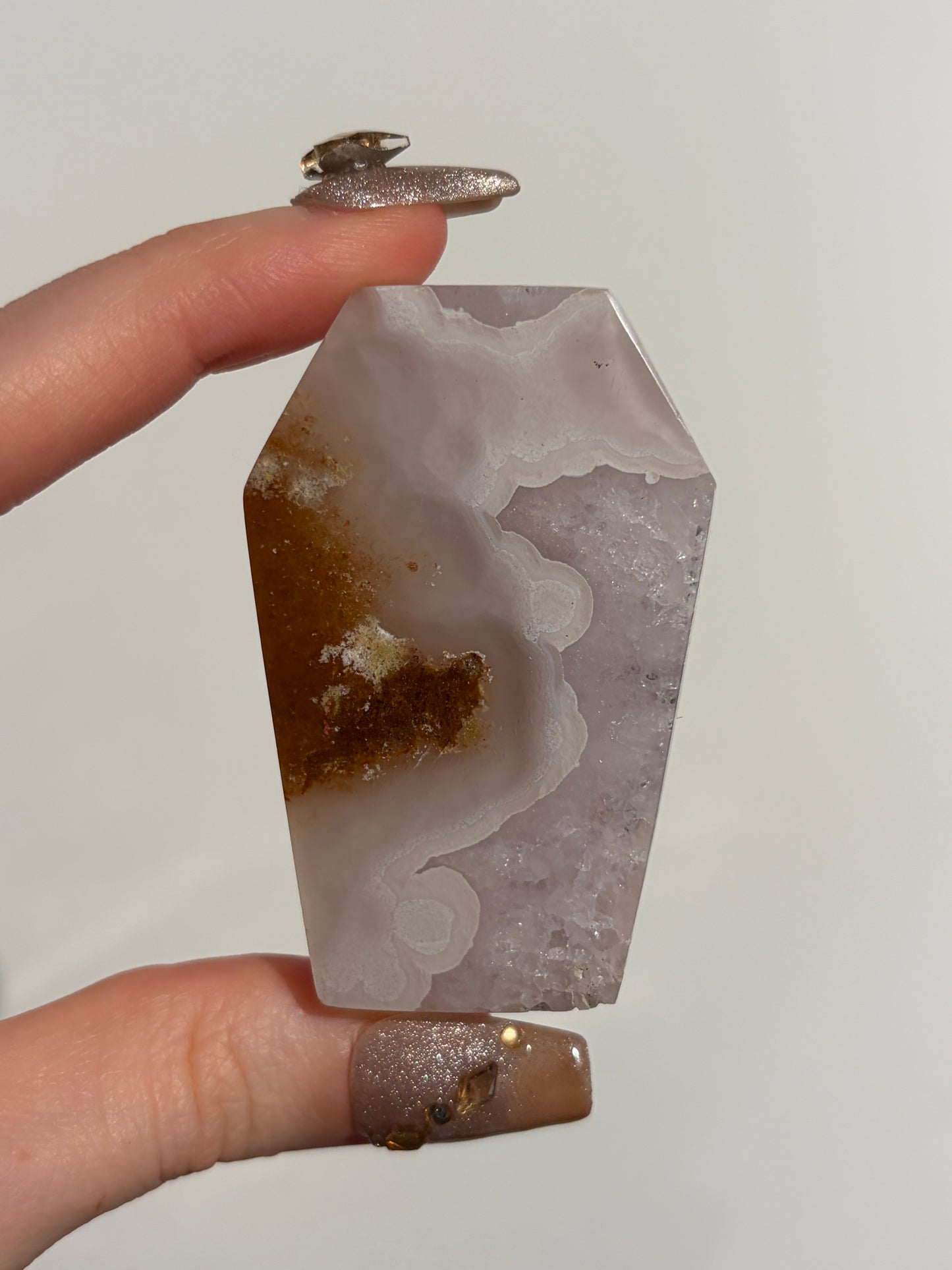 Hexagonal Nebula Agate Tile with Amethyst on Custom Stand F