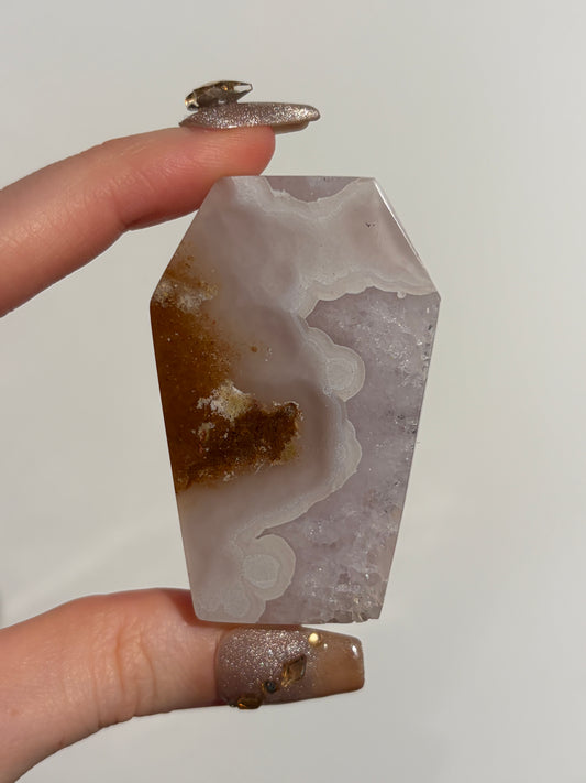Hexagonal Nebula Agate Tile with Amethyst on Custom Stand F