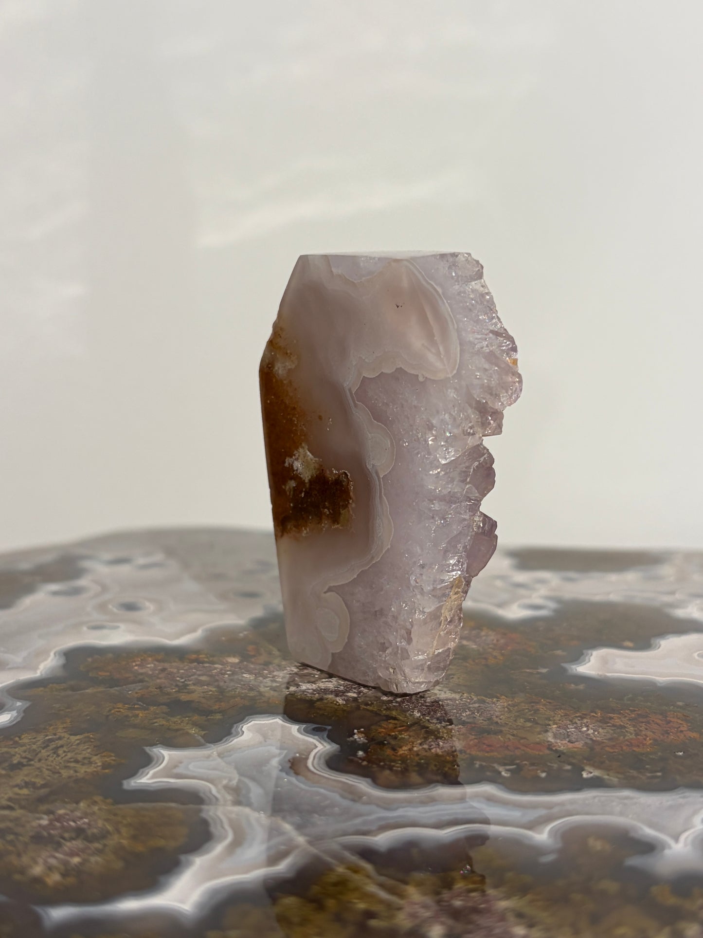 Hexagonal Nebula Agate Tile with Amethyst on Custom Stand F
