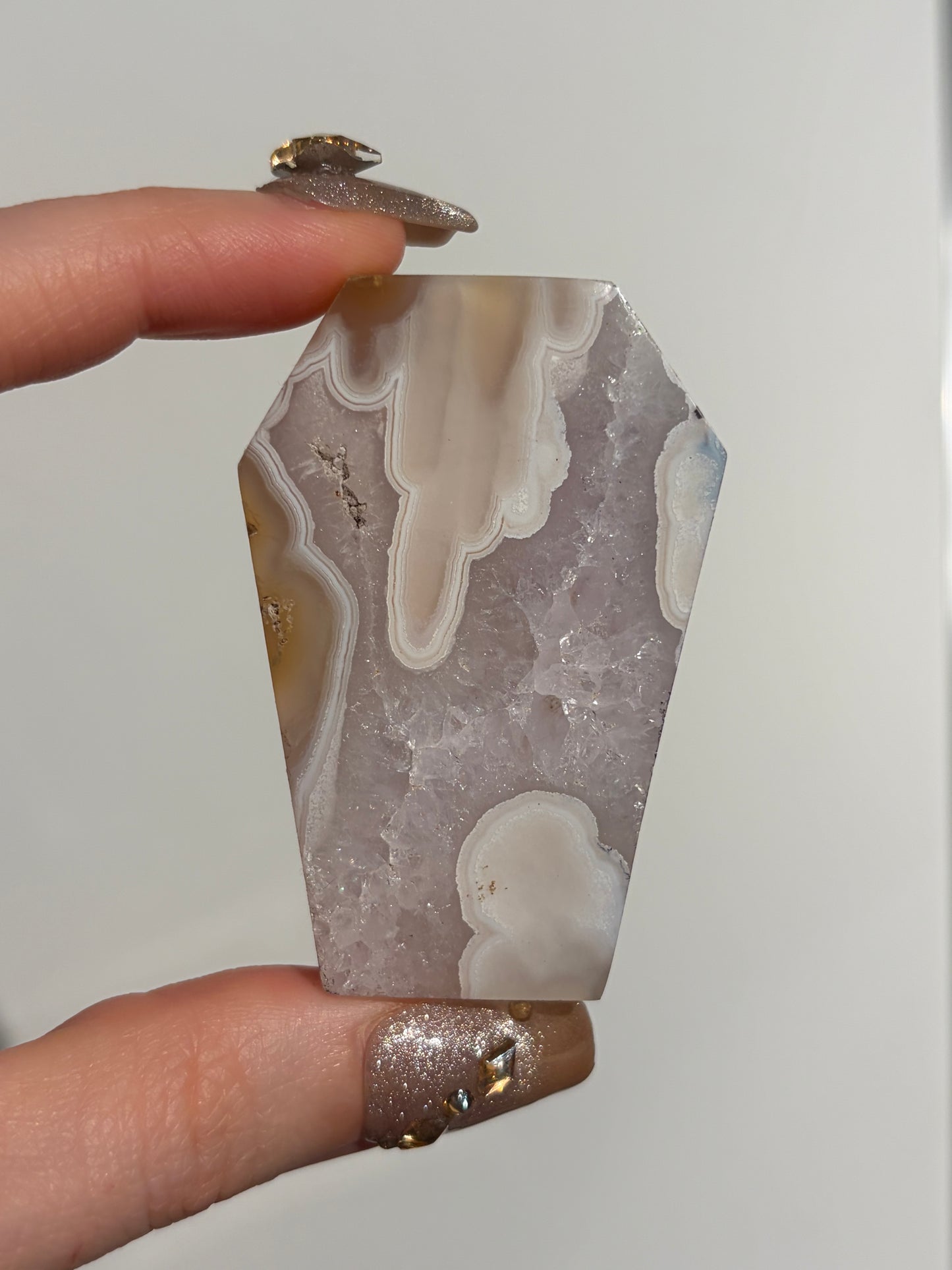 Hexagonal Nebula Agate with Amethyst Tile on Custom Stand G