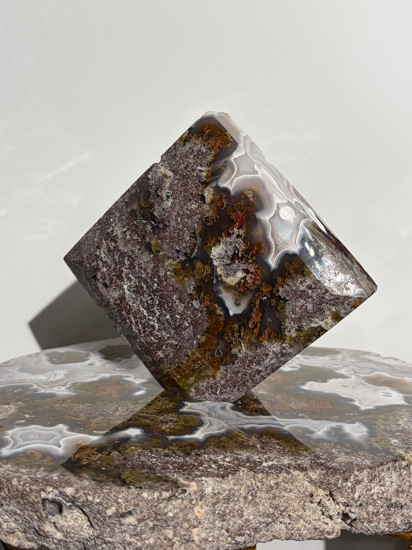 “The Hanging Gardens” Nebula Agate with Red Moss Faceted Diamond Carving Statement