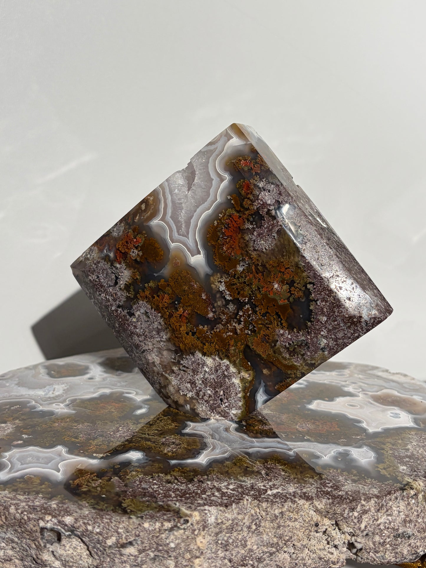 “The Hanging Gardens” Nebula Agate with Red Moss Faceted Diamond Carving Statement