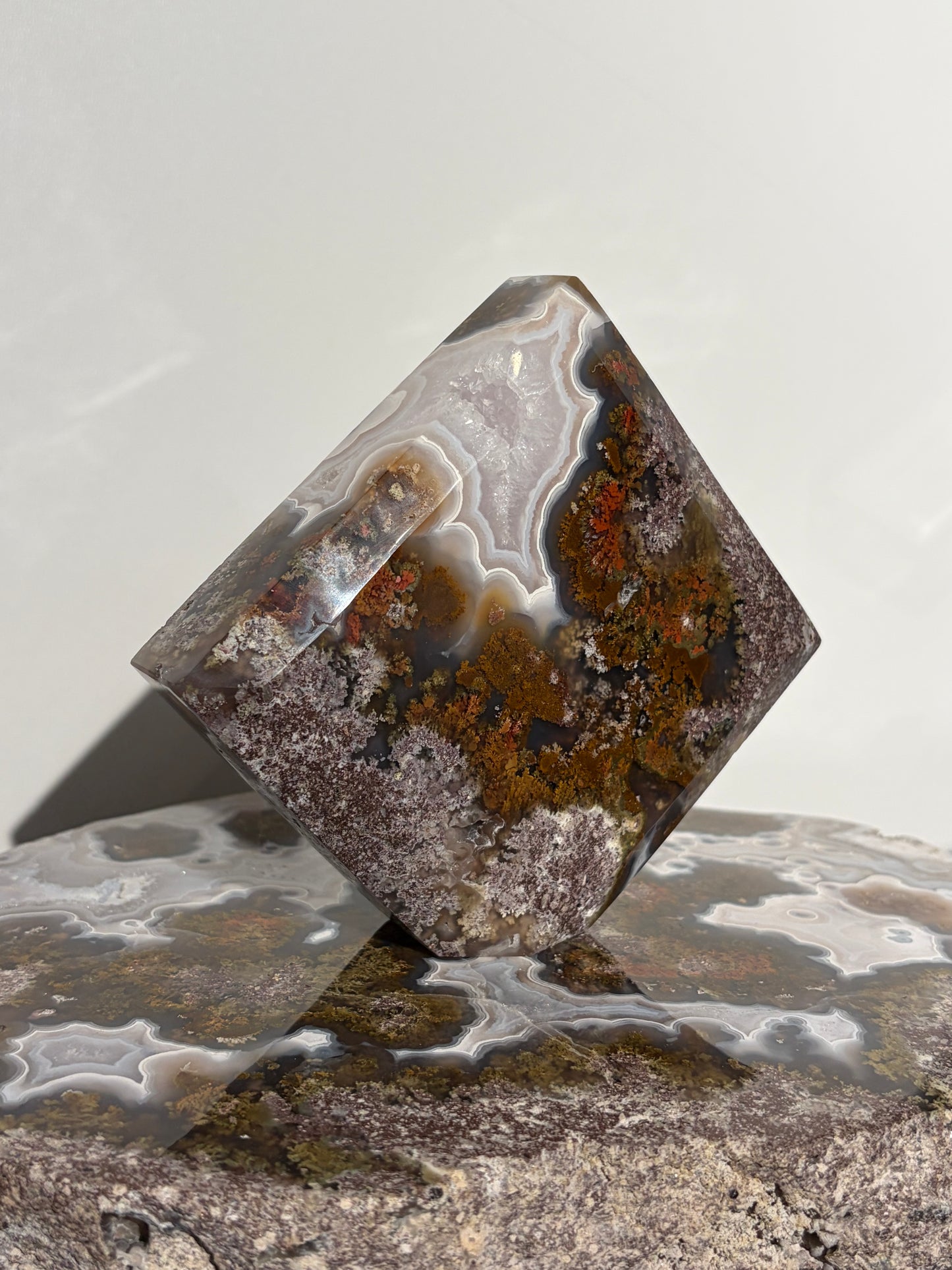 “The Hanging Gardens” Nebula Agate with Red Moss Faceted Diamond Carving Statement