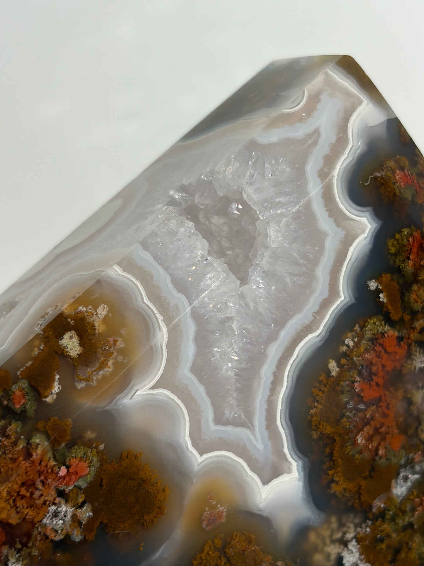 “The Hanging Gardens” Nebula Agate with Red Moss Faceted Diamond Carving Statement