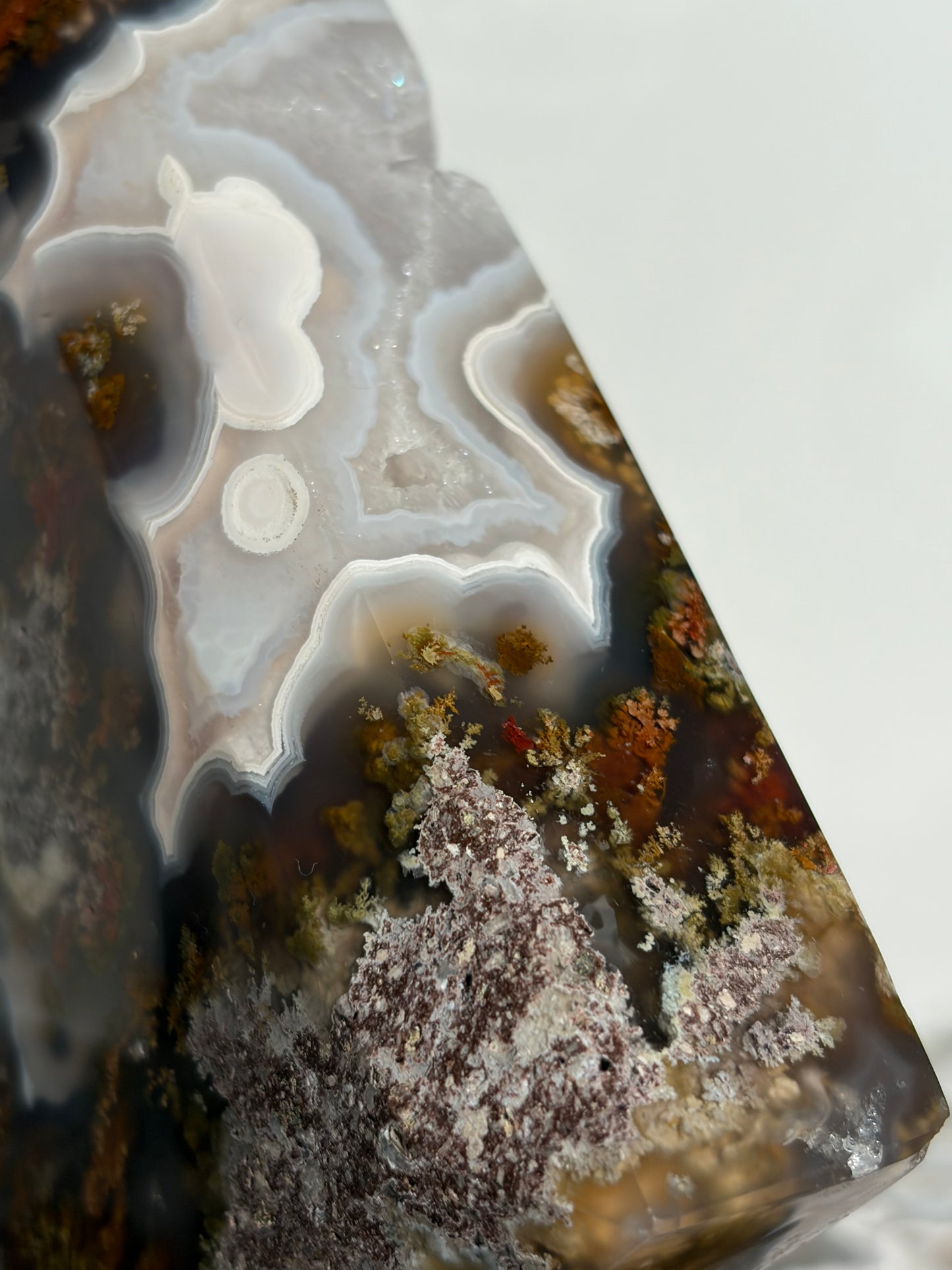 “The Hanging Gardens” Nebula Agate with Red Moss Faceted Diamond Carving Statement