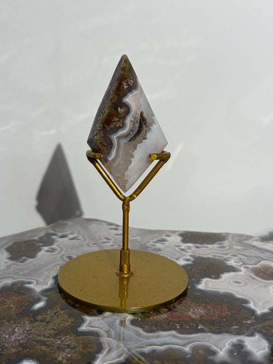 Nebula Agate Diamond Carving with Dendritic Inclusions on Stand A