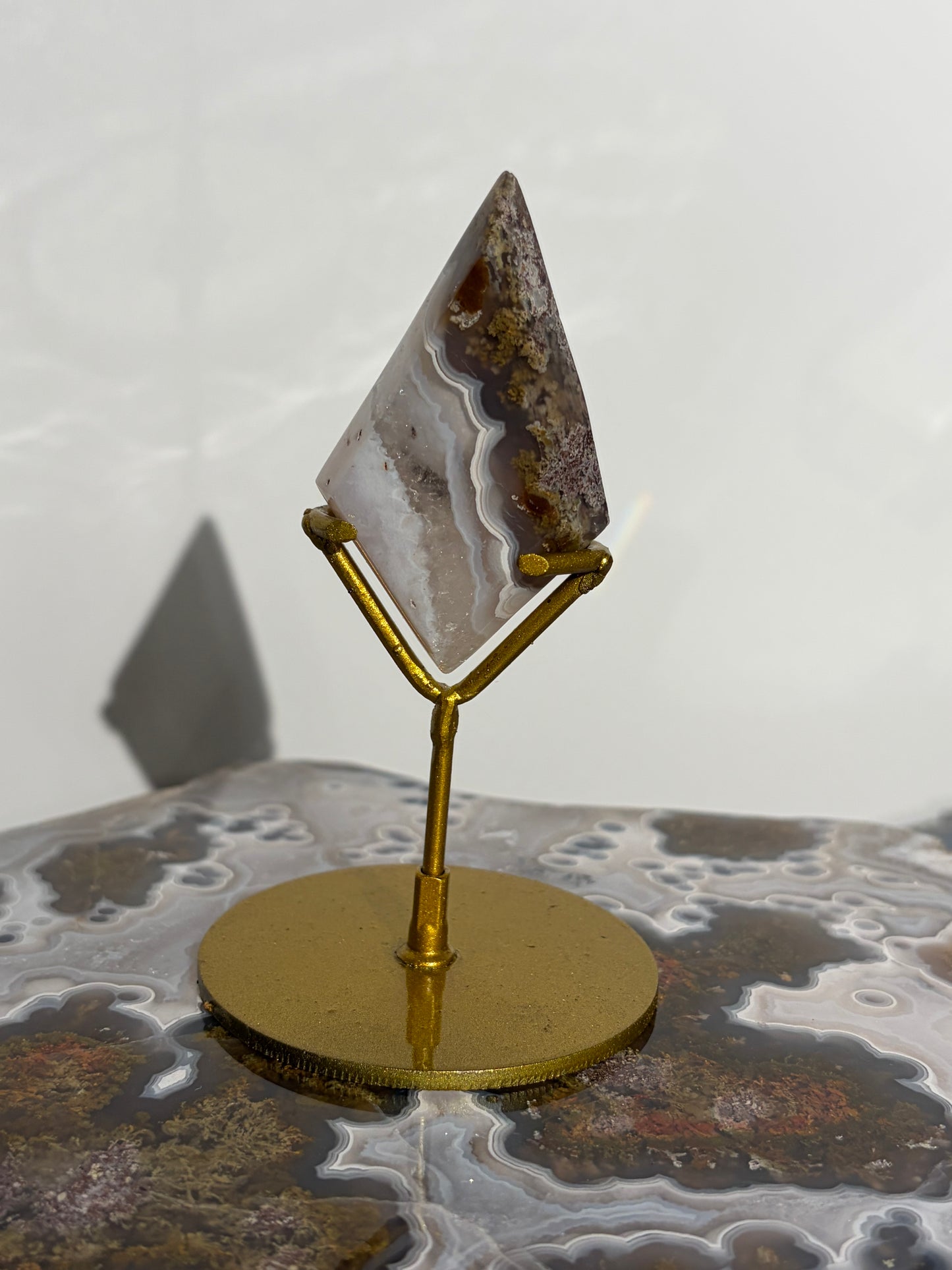 Nebula Agate Diamond Carving with Dendritic Inclusions on Stand A