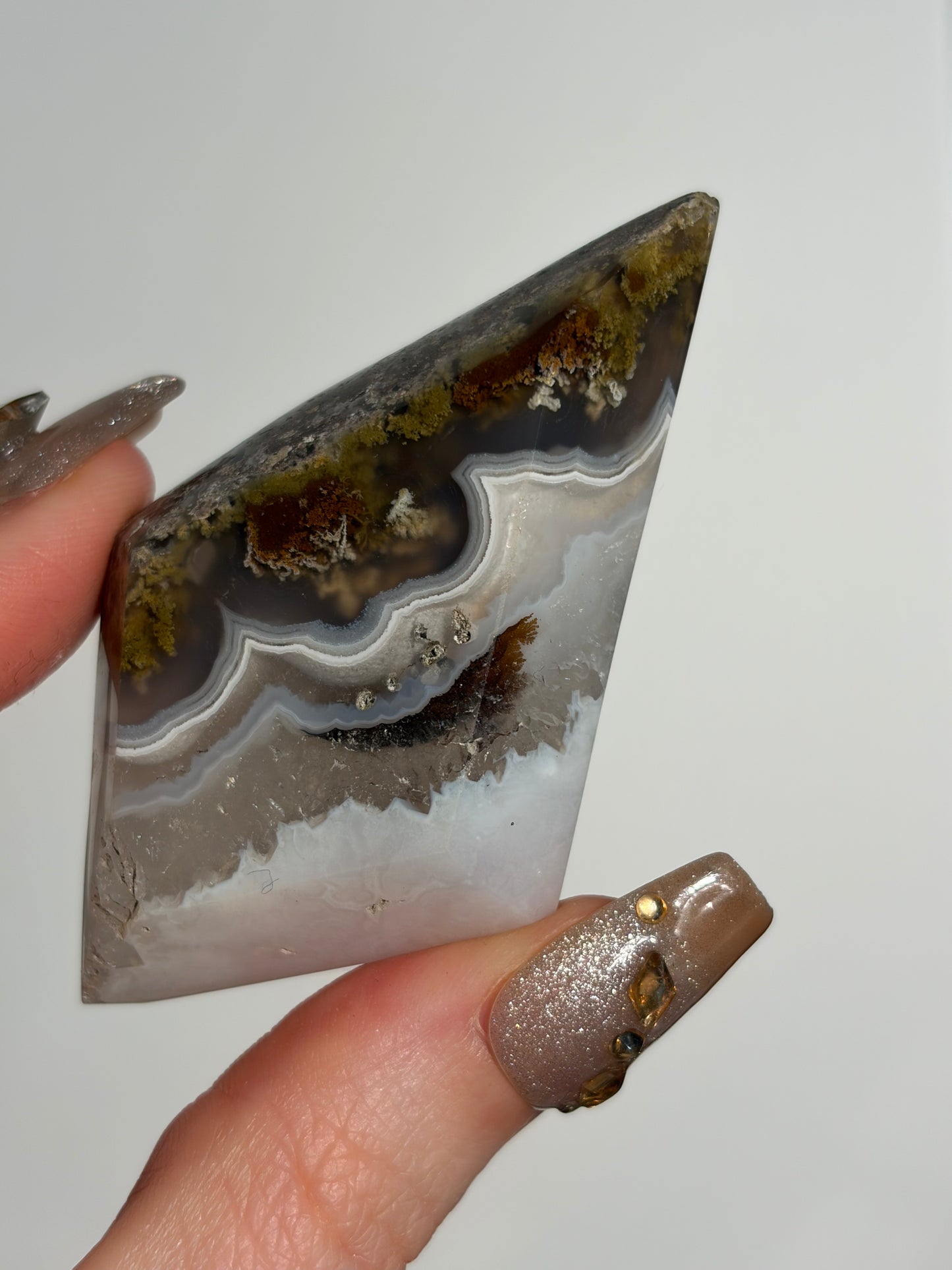 Nebula Agate Diamond Carving with Dendritic Inclusions on Stand A