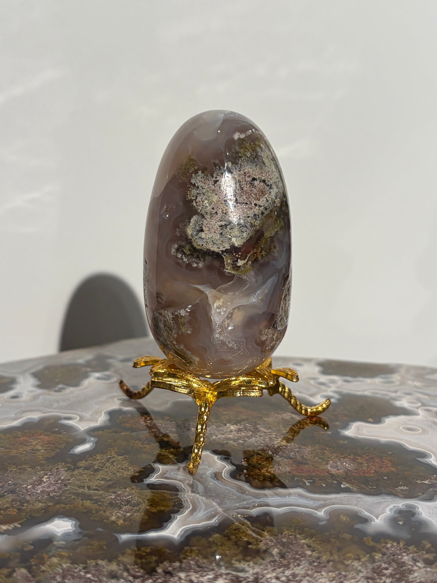 “Oracle” Jelly Orbicular Nebula Agate Egg Carving with Green Moss Inclusions