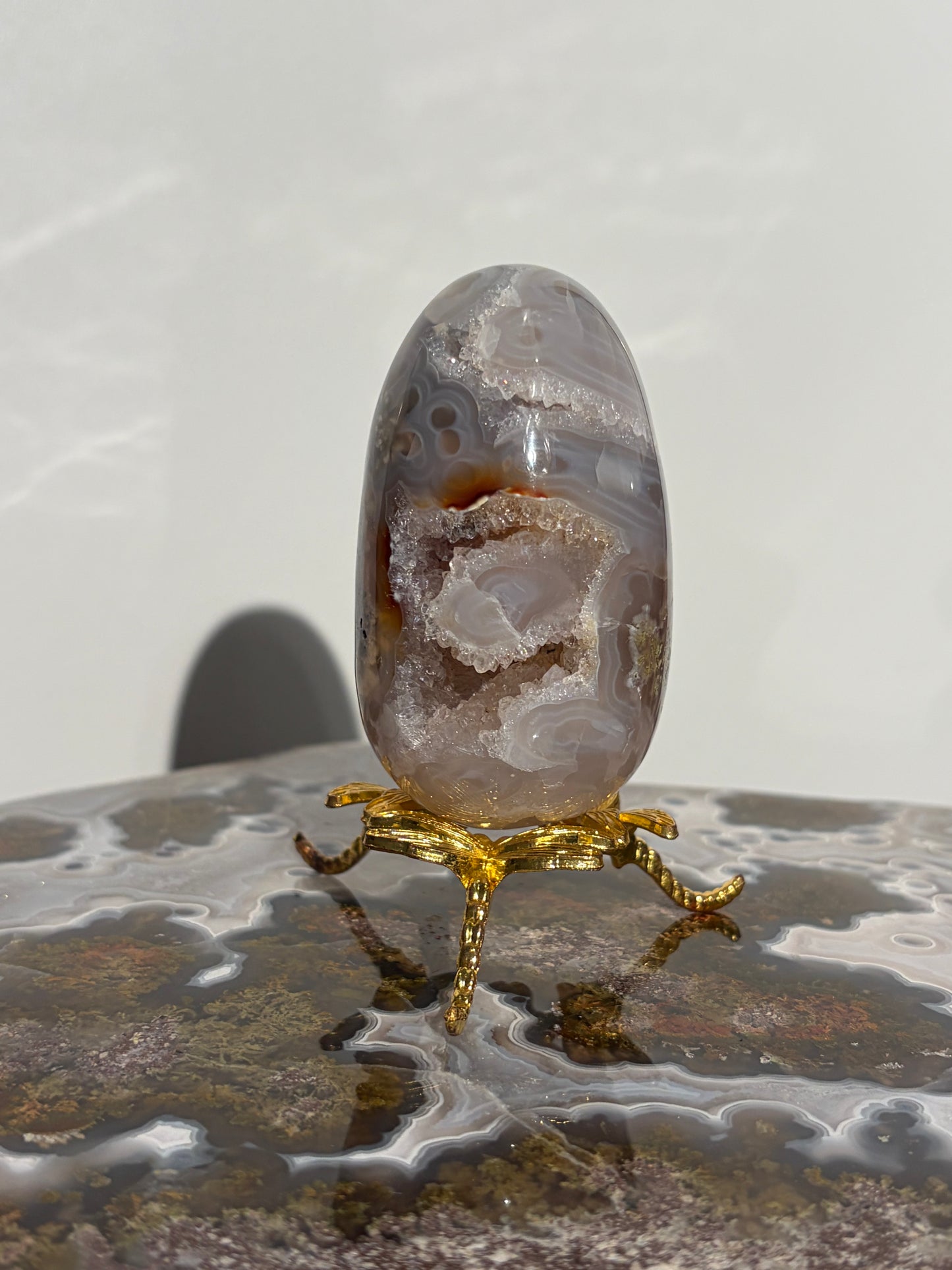 “Oracle” Jelly Orbicular Nebula Agate Egg Carving with Green Moss Inclusions