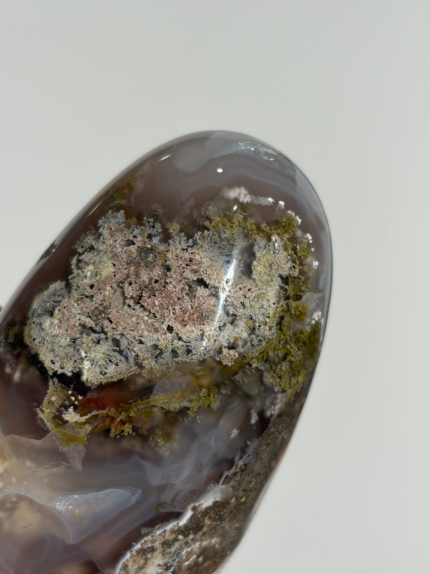 “Oracle” Jelly Orbicular Nebula Agate Egg Carving with Green Moss Inclusions