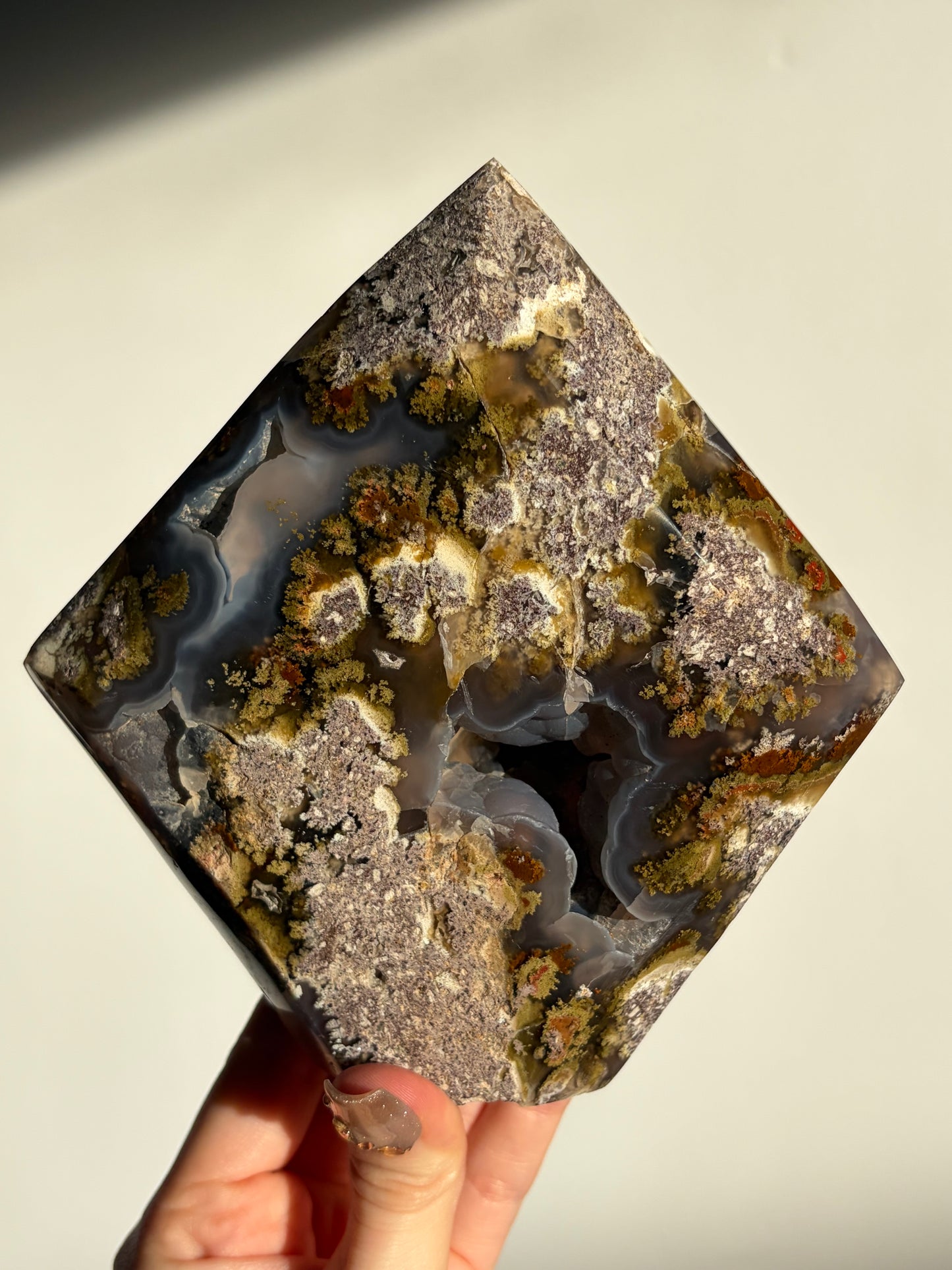 “Gateway Oasis” Blue Chalcedony Nebula Agate Faceted Standing Diamond Statement
