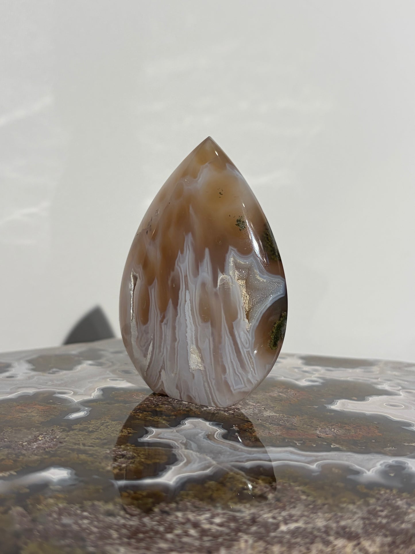 “Cyan Blooms” Jelly Orbicular Nebula Agate Flame Carving with Green Moss A